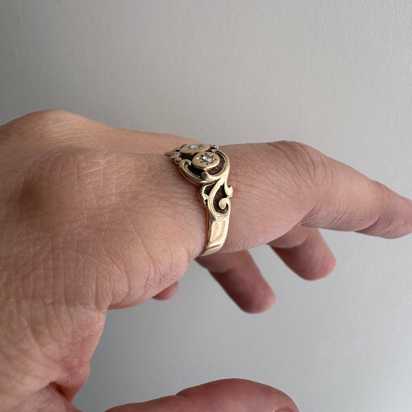 A N T I Q U E // starry trilogy / 9k and diamond edwardian era fancy wide tapered band / size 6