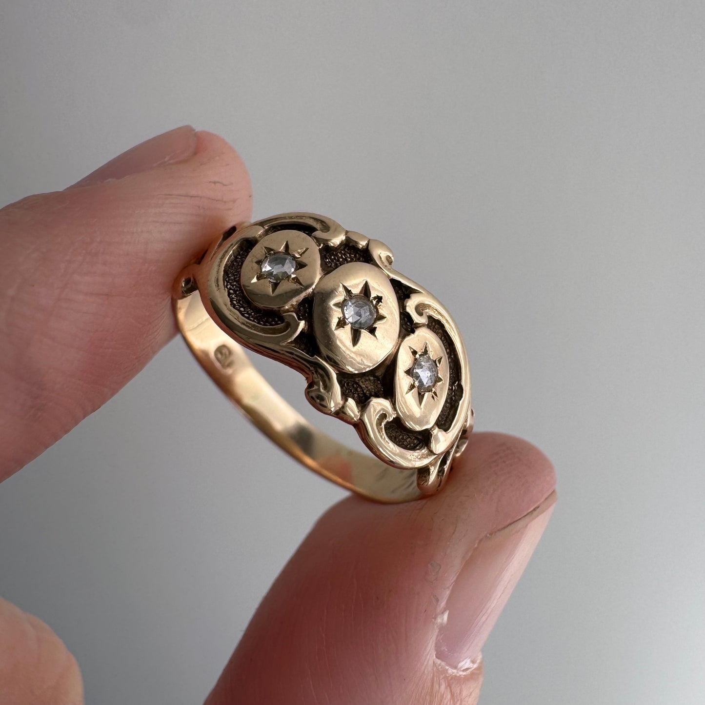 A N T I Q U E // starry trilogy / 9k and diamond edwardian era fancy wide tapered band / size 6