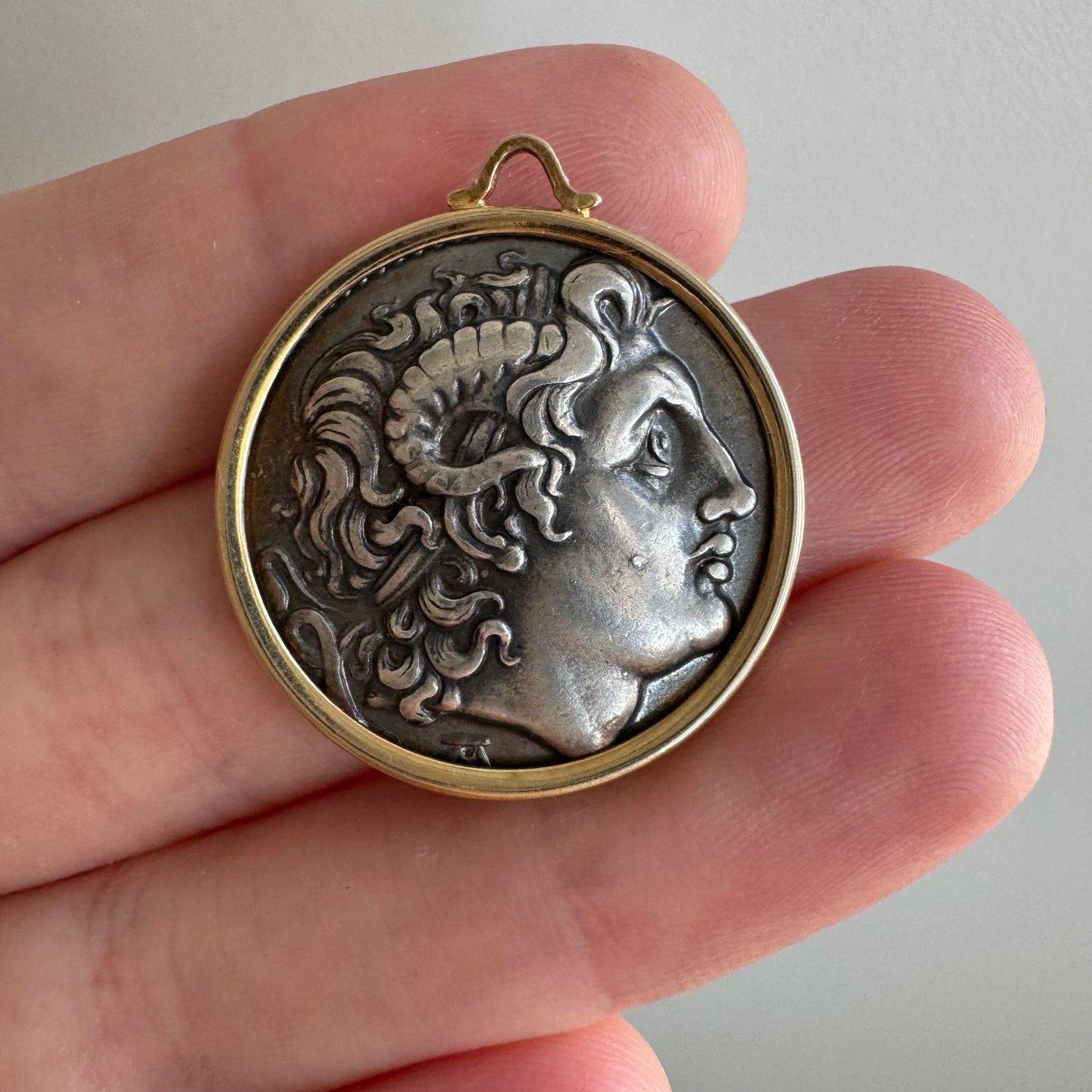 V I N T A G E // framed Lysimachus Alexander the Great / 14k frame and silver Roman coin replica / a pendant