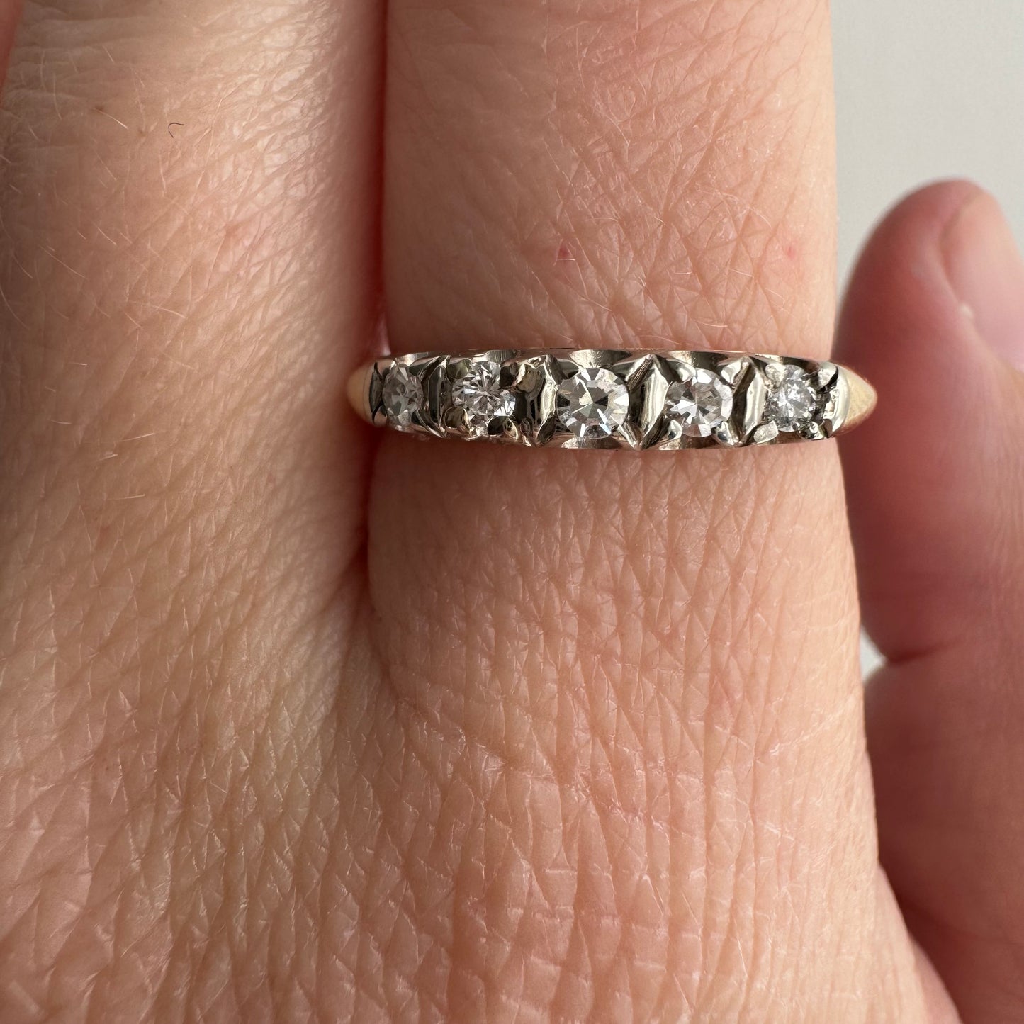 V I N T A G E // mid century magic / 14k yellow and white gold five stone diamond stacking band / size 7