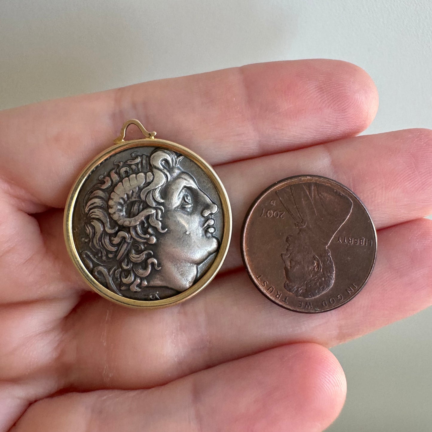 V I N T A G E // framed Lysimachus Alexander the Great / 14k frame and silver Roman coin replica / a pendant