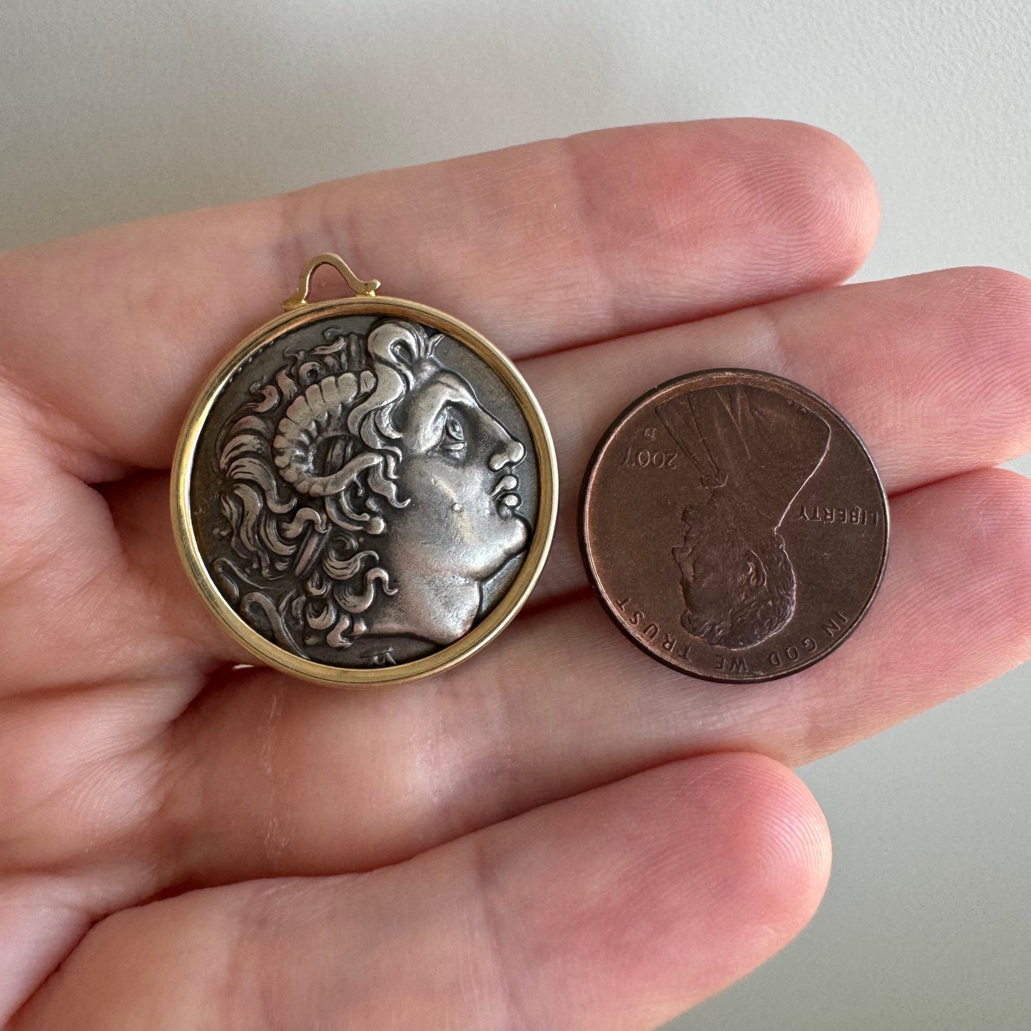 V I N T A G E // framed Lysimachus Alexander the Great / 14k frame and silver Roman coin replica / a pendant