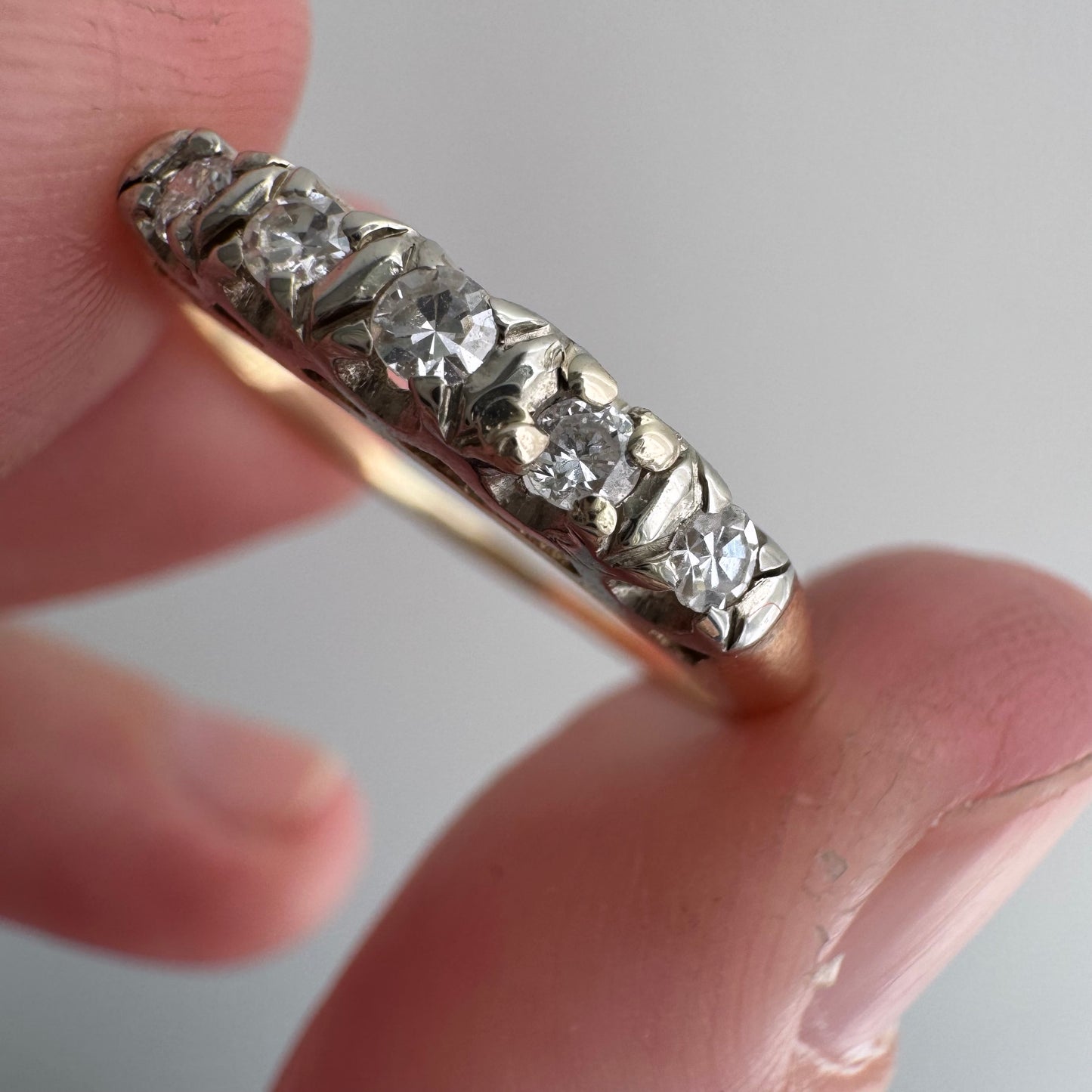 V I N T A G E // mid century magic / 14k yellow and white gold five stone diamond stacking band / size 7