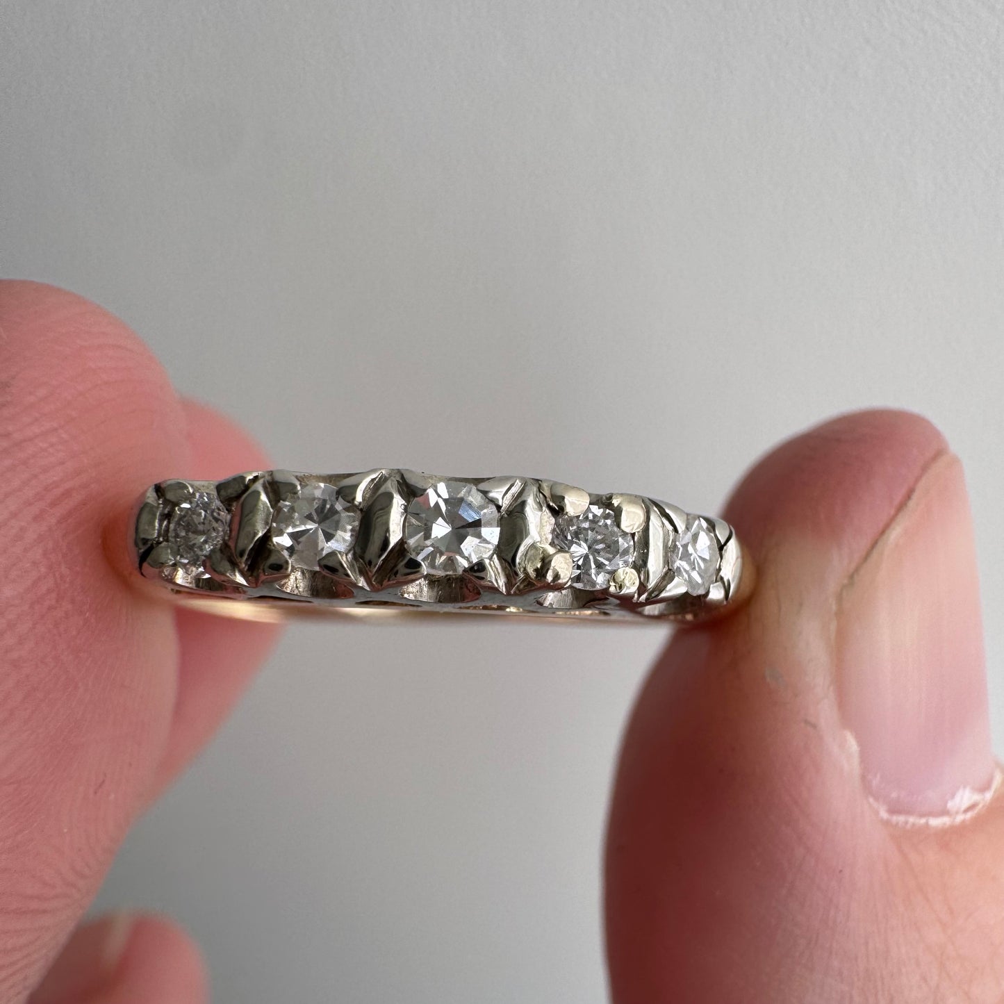 V I N T A G E // mid century magic / 14k yellow and white gold five stone diamond stacking band / size 7