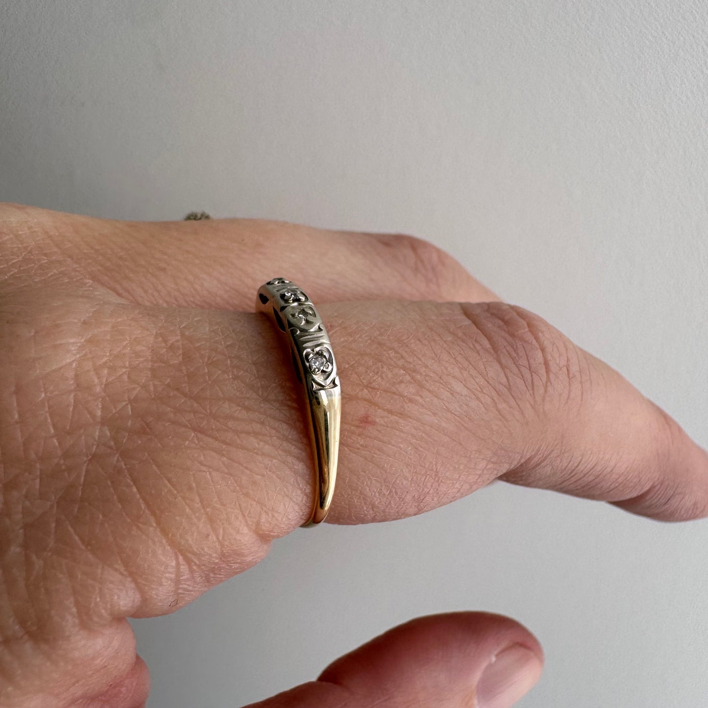 V I N T A G E // peculiar petals/ 14k yellow and white gold late art deco diamond band / size 6