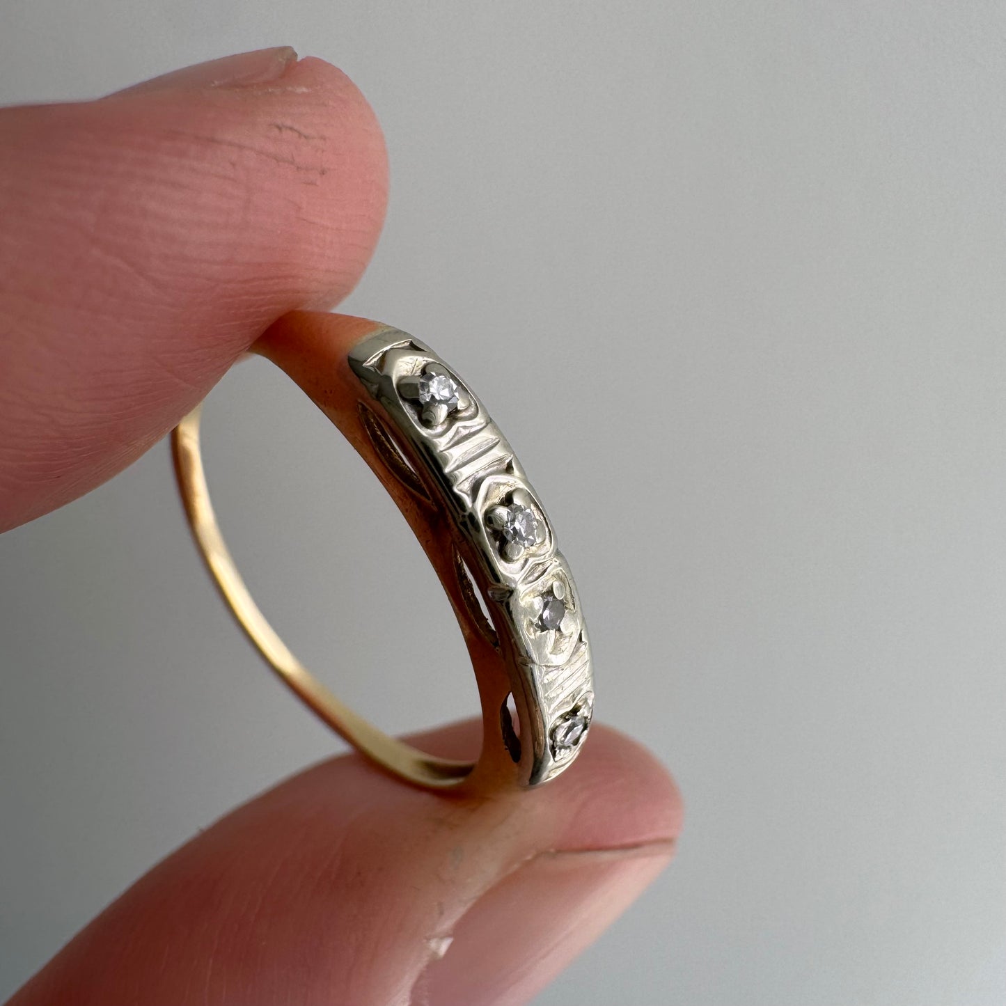 V I N T A G E // peculiar petals/ 14k yellow and white gold late art deco diamond band / size 6