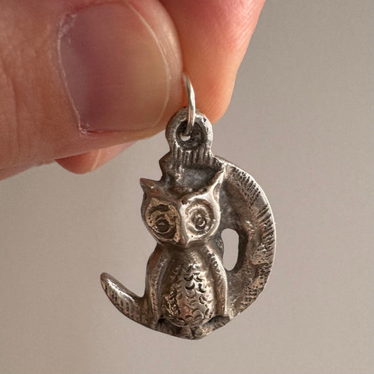 RESERVED V I N T A G E // owl moon / sterling silver artisan crescent moon and owl / a pendant