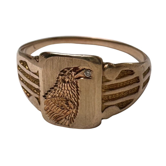 reimagined A N T I Q U E // treasure seeker / 10k rosy gold signet with new crow engraving and diamond / almost size 6.5