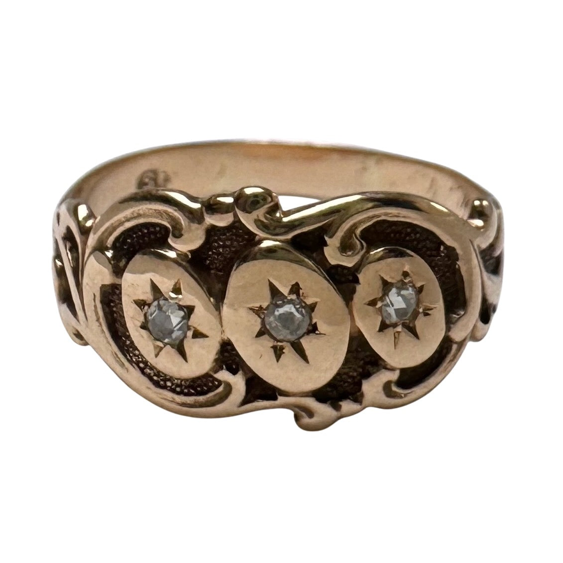 A N T I Q U E // starry trilogy / 9k and diamond edwardian era fancy wide tapered band / size 6