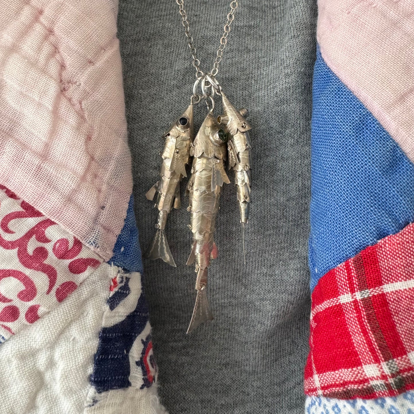 V I N T A G E // lucky catch / sterling silver articulated wiggle fish pendants