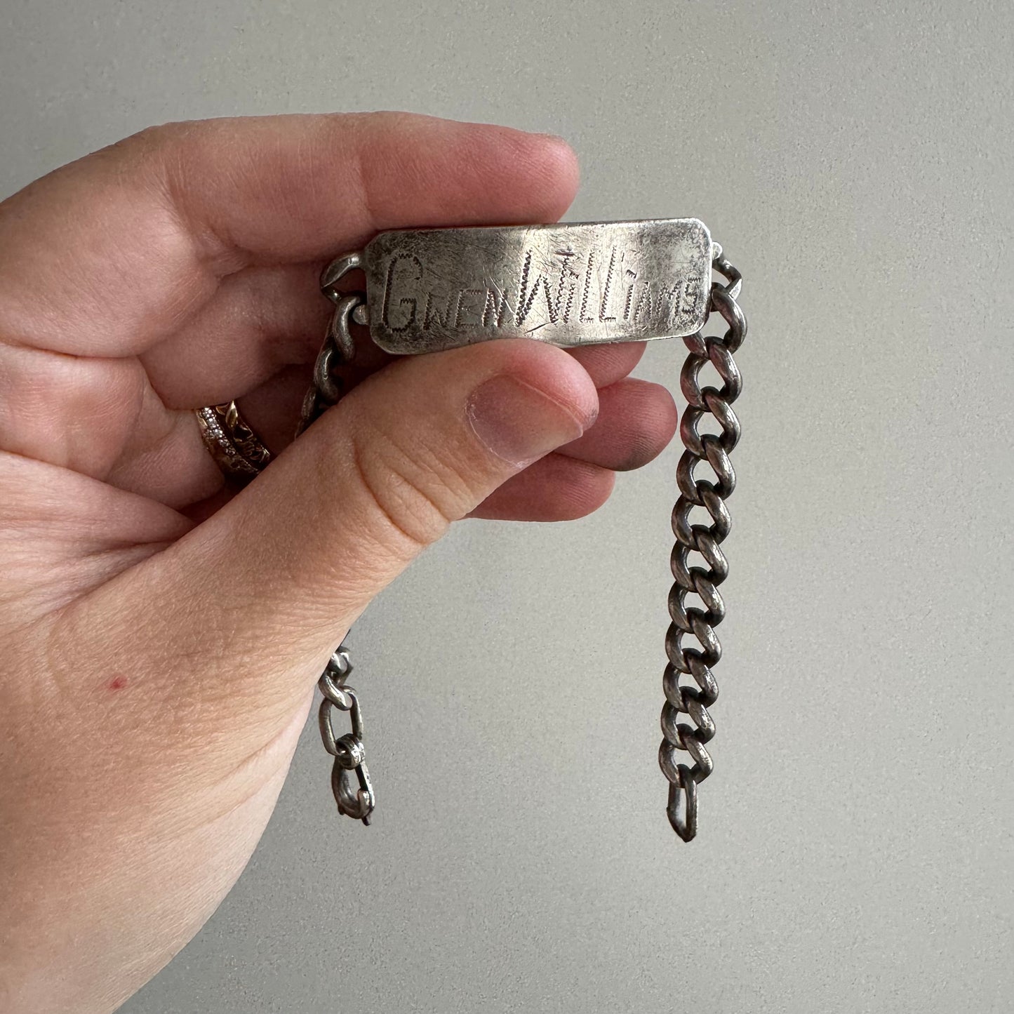 RESERVED V I N T A G E // Gwen Williams / sterling silver very vintage ID bracelet / 7.5"