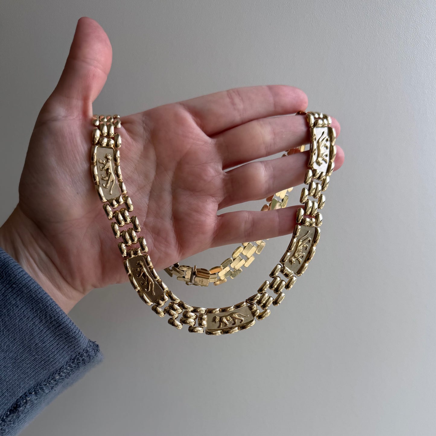 V I N T A G E // gentle strength / 14k panther link panther panel necklace / 18.25", 56.7g