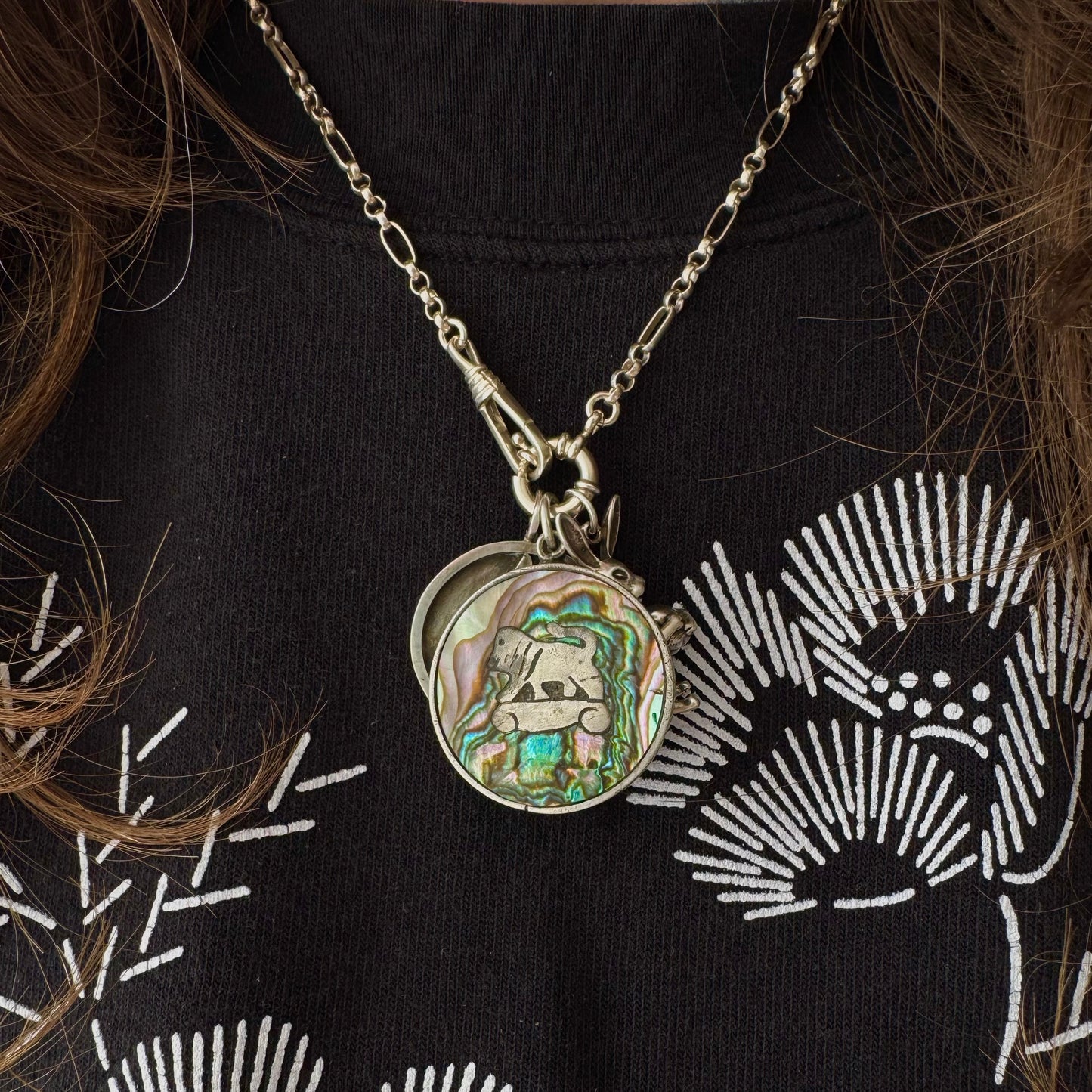 V I N T A G E // psychedelic skateboarding foo dog lion / sterling silver and abalone / a pendant