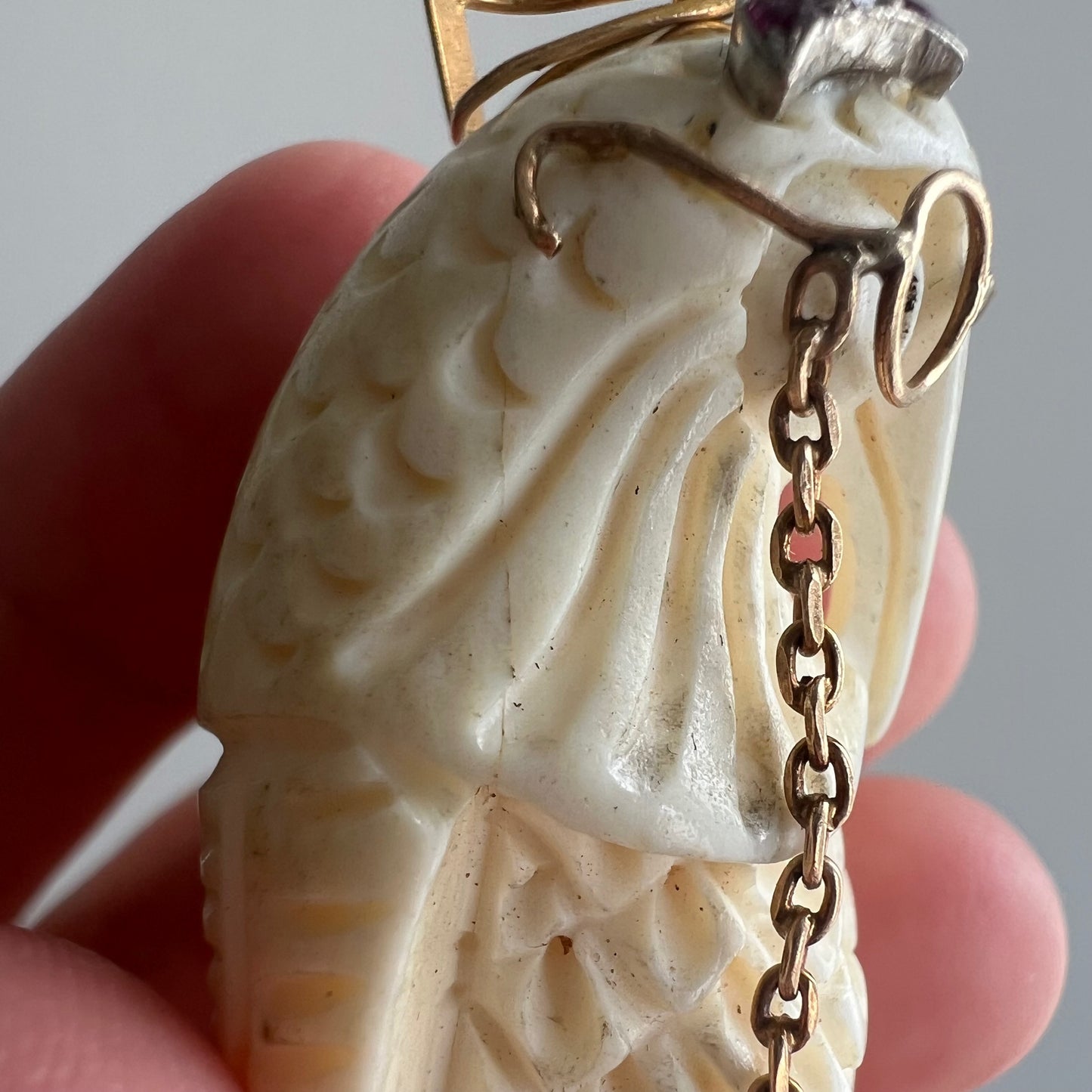 V I N T A G E // parliamentary matriarch / HUGE carved bone owl pendant with 14k and ruby accents