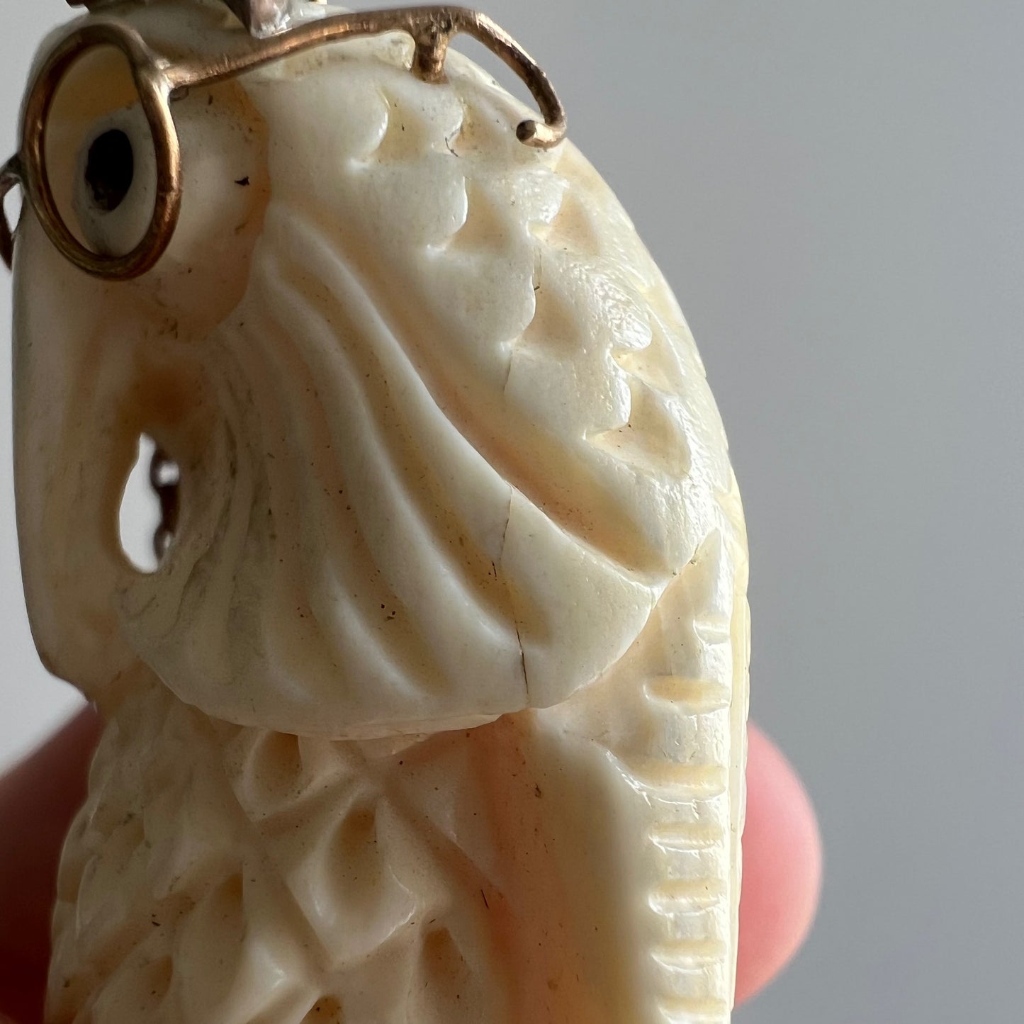 V I N T A G E // parliamentary matriarch / HUGE carved bone owl pendant with 14k and ruby accents