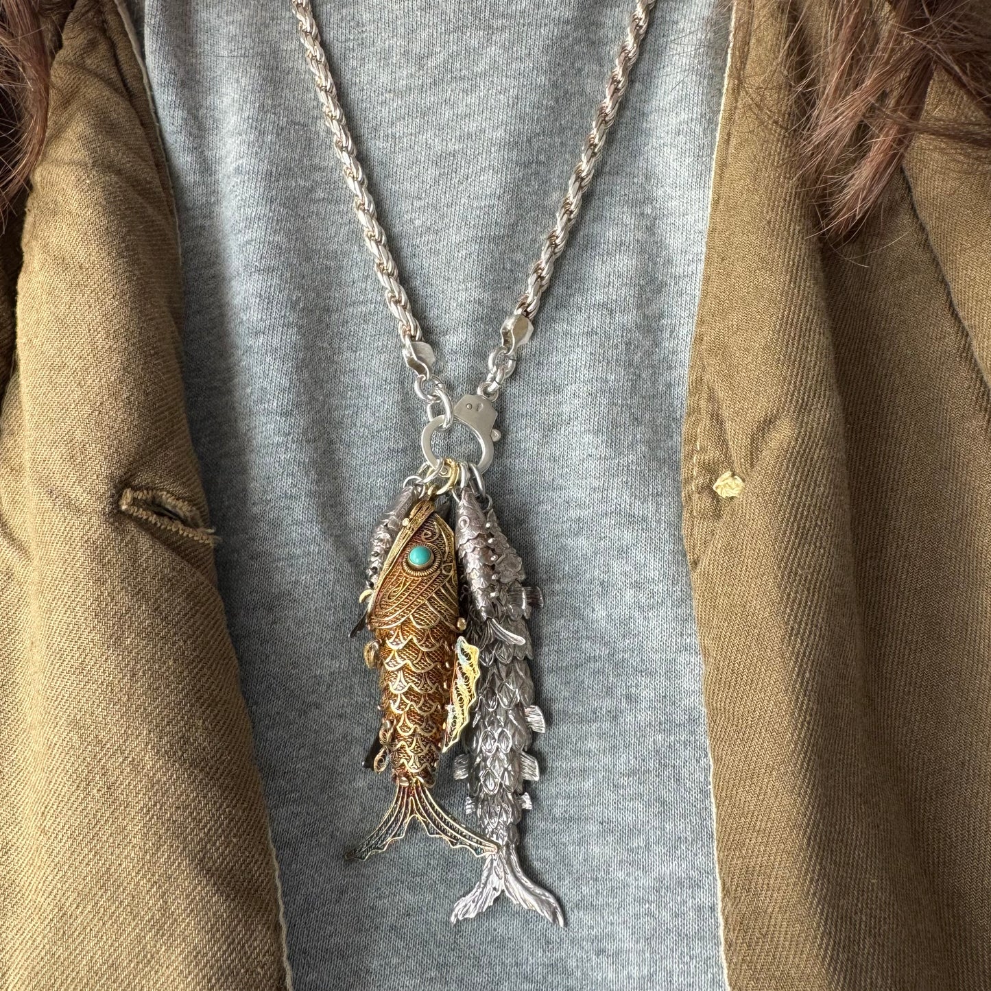 V I N T A G E // lucky catch / gold over sterling silver articulated wiggle fish with a secret / a large pendant