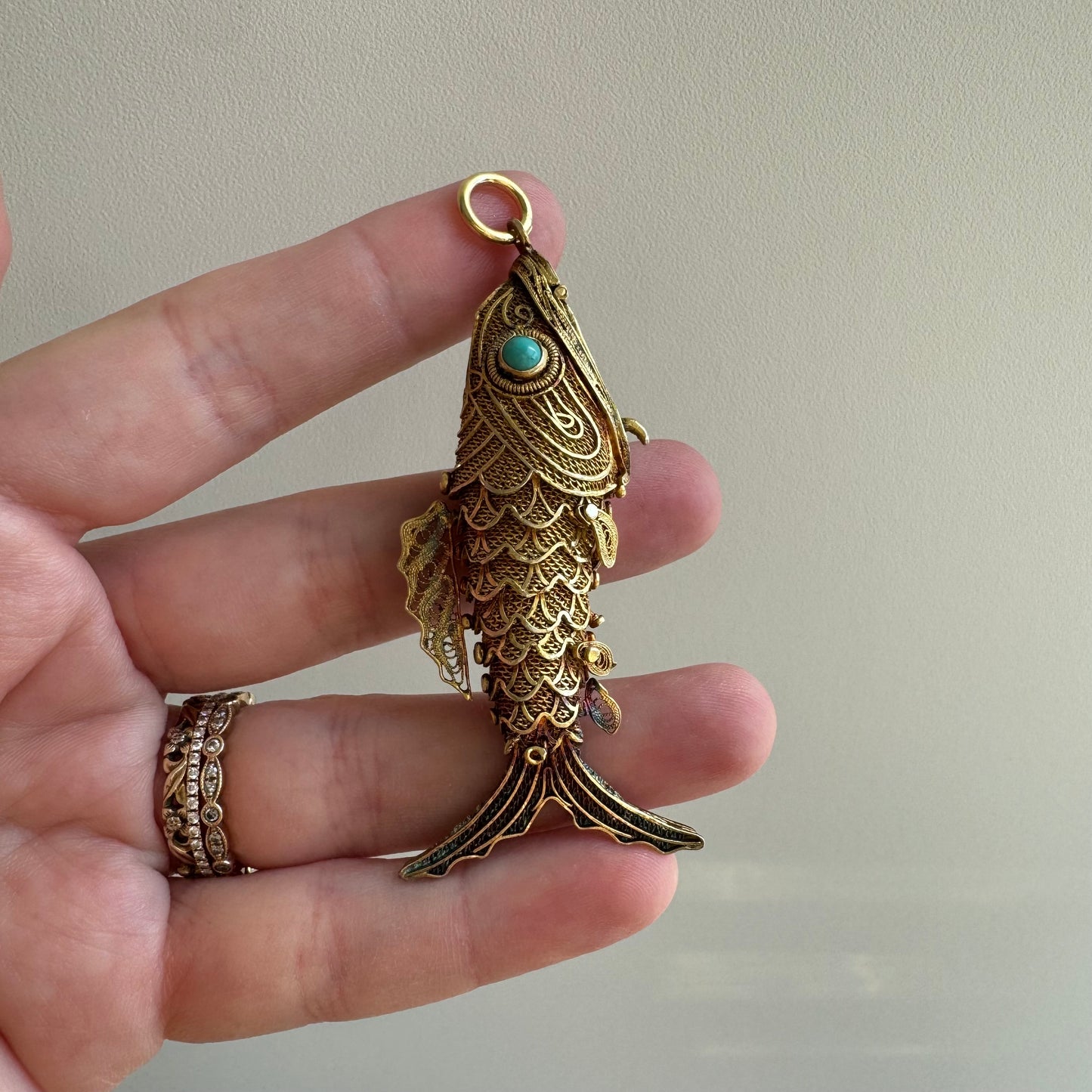 V I N T A G E // lucky catch / gold over sterling silver articulated wiggle fish with a secret / a large pendant