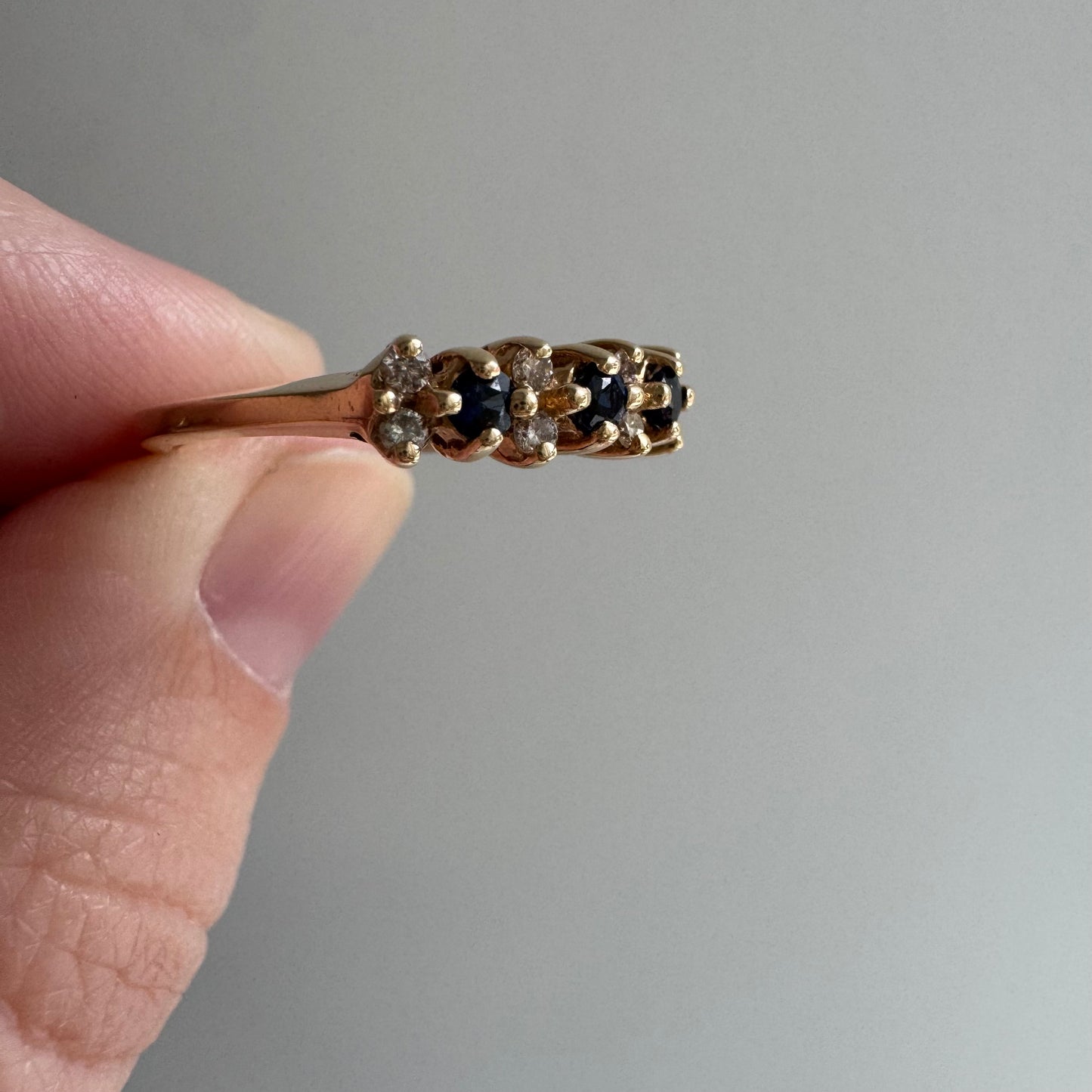 E S T A T E // sapphire timeline / 14k cluster band with sapphires and diamonds / size 6.75