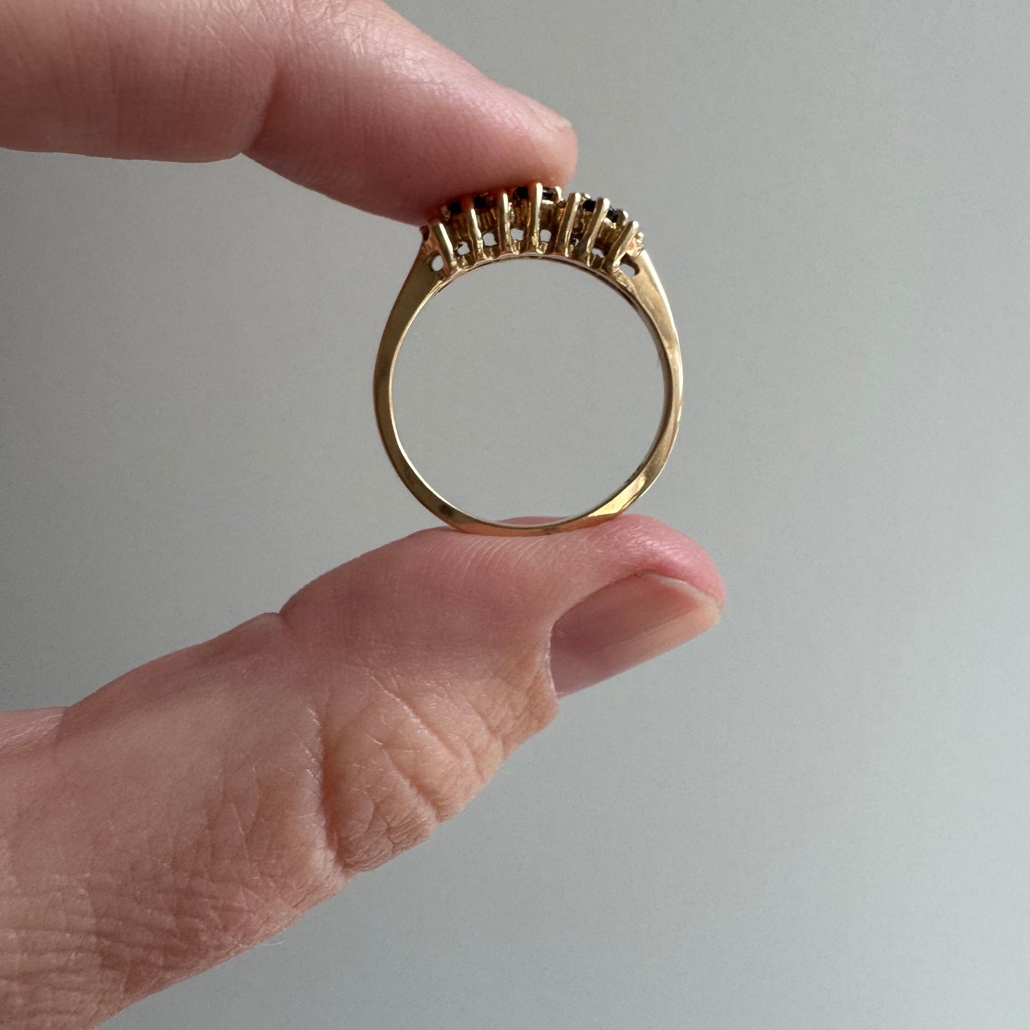 E S T A T E // sapphire timeline / 14k cluster band with sapphires and diamonds / size 6.75