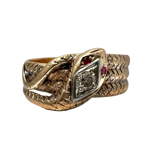 very V I N T A G E // third time around / 10k yellow gold with diamond and ruby snake ring / size 10.25-10.75