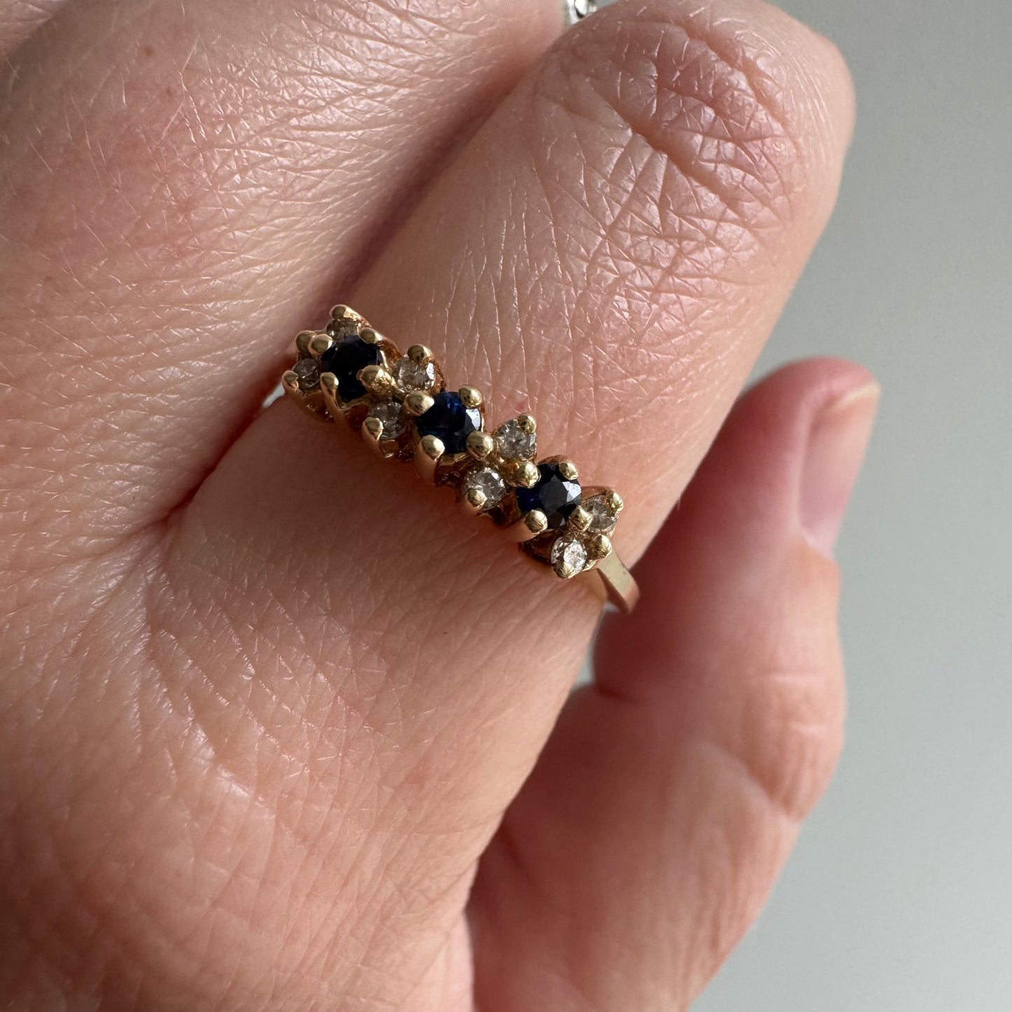 E S T A T E // sapphire timeline / 14k cluster band with sapphires and diamonds / size 6.75