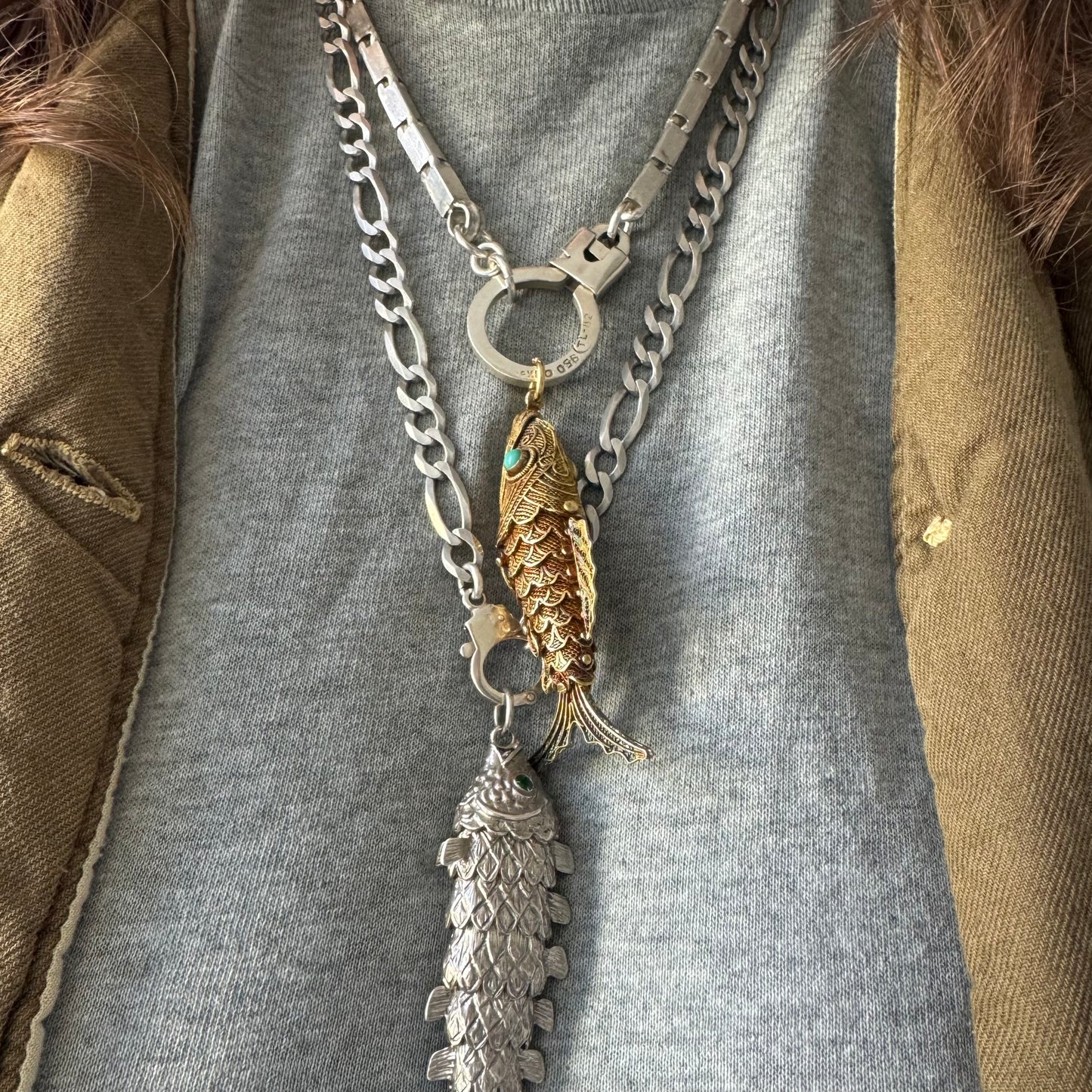 V I N T A G E // lucky catch / gold over sterling silver articulated wiggle fish with a secret / a large pendant