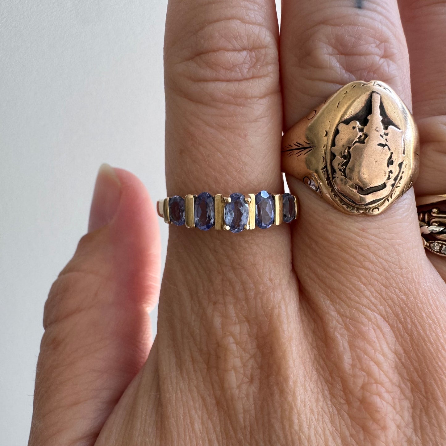 V I N T A G E // periwinkle row / 10k yellow gold and tanzanite half eternity band / size 8