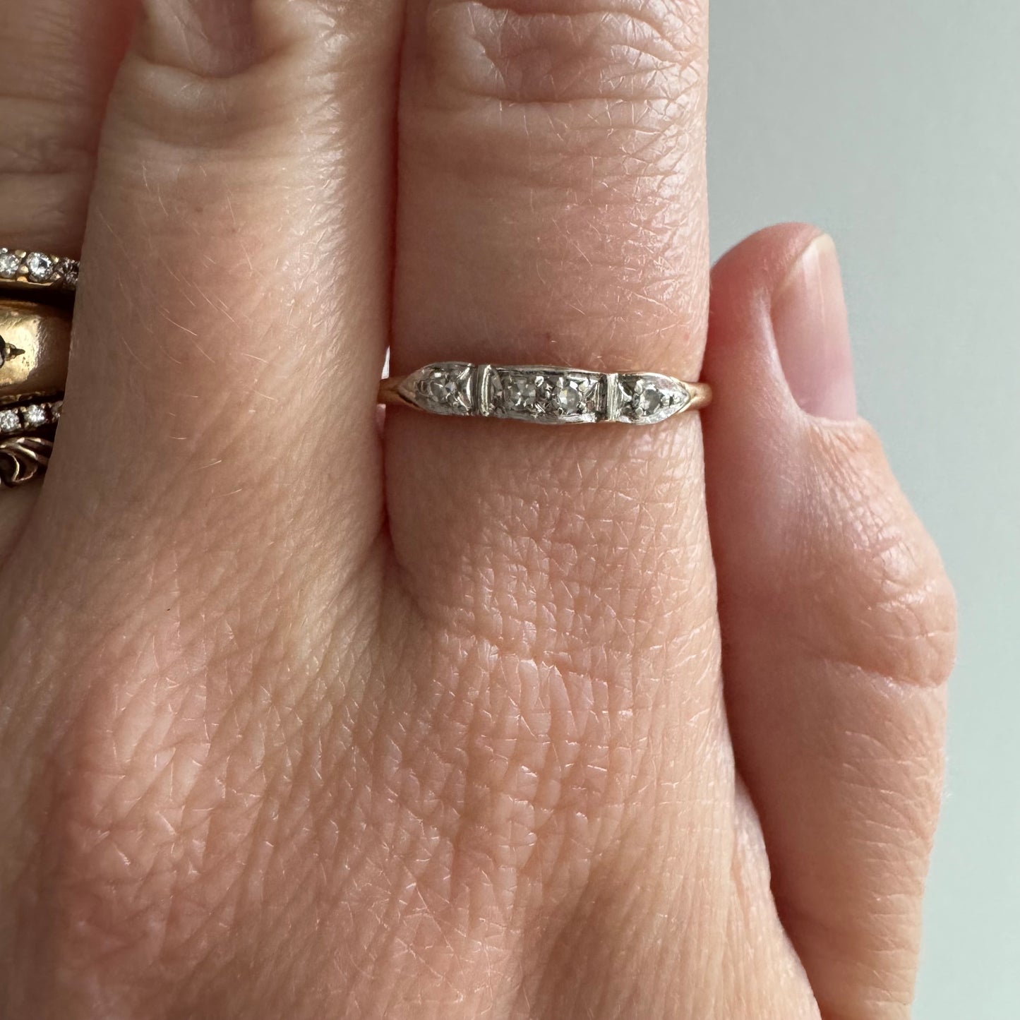 V I N T A G E // single cut glow / 14k yellow and white gold four stone diamond stacking band / size 8.75