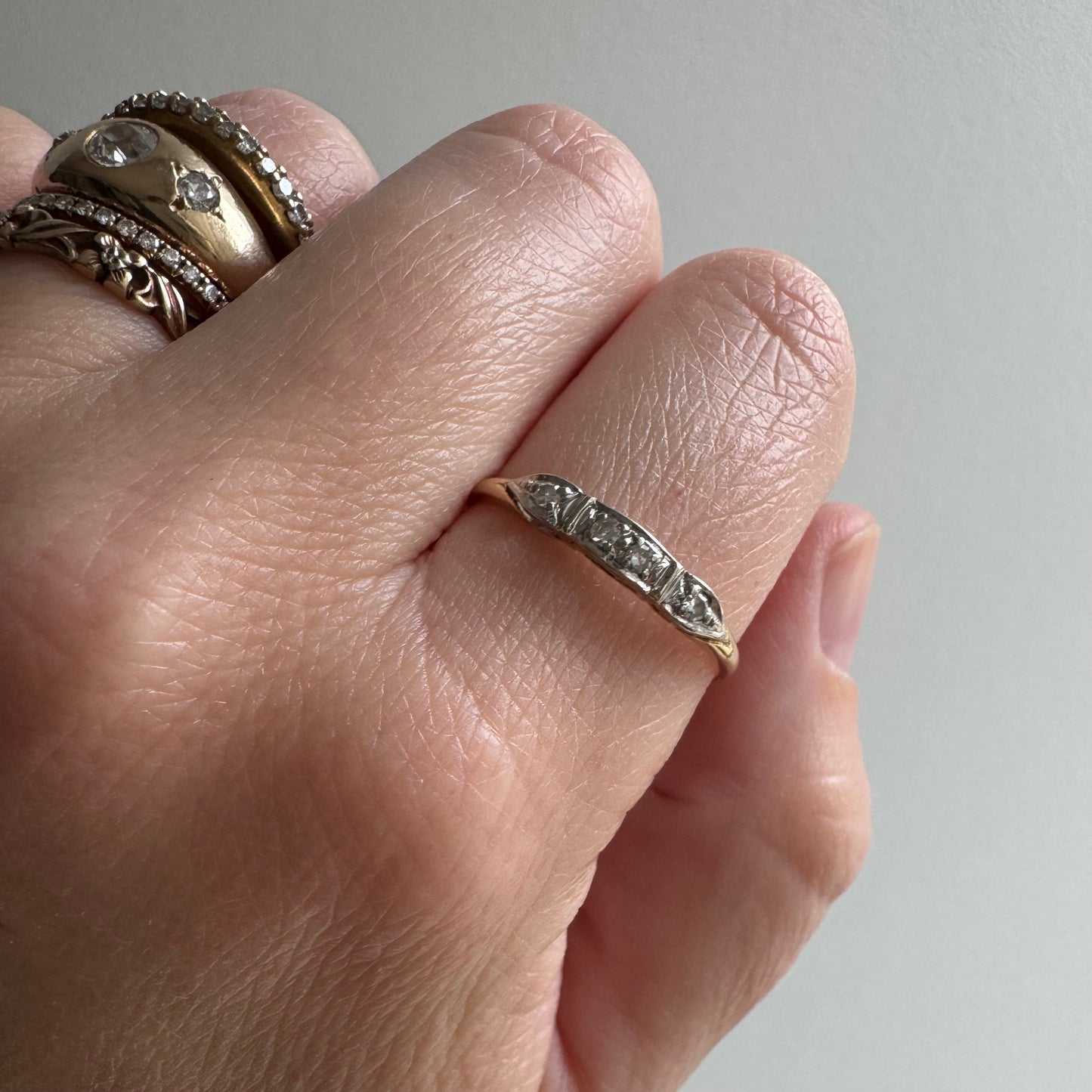 V I N T A G E // single cut glow / 14k yellow and white gold four stone diamond stacking band / size 8.75