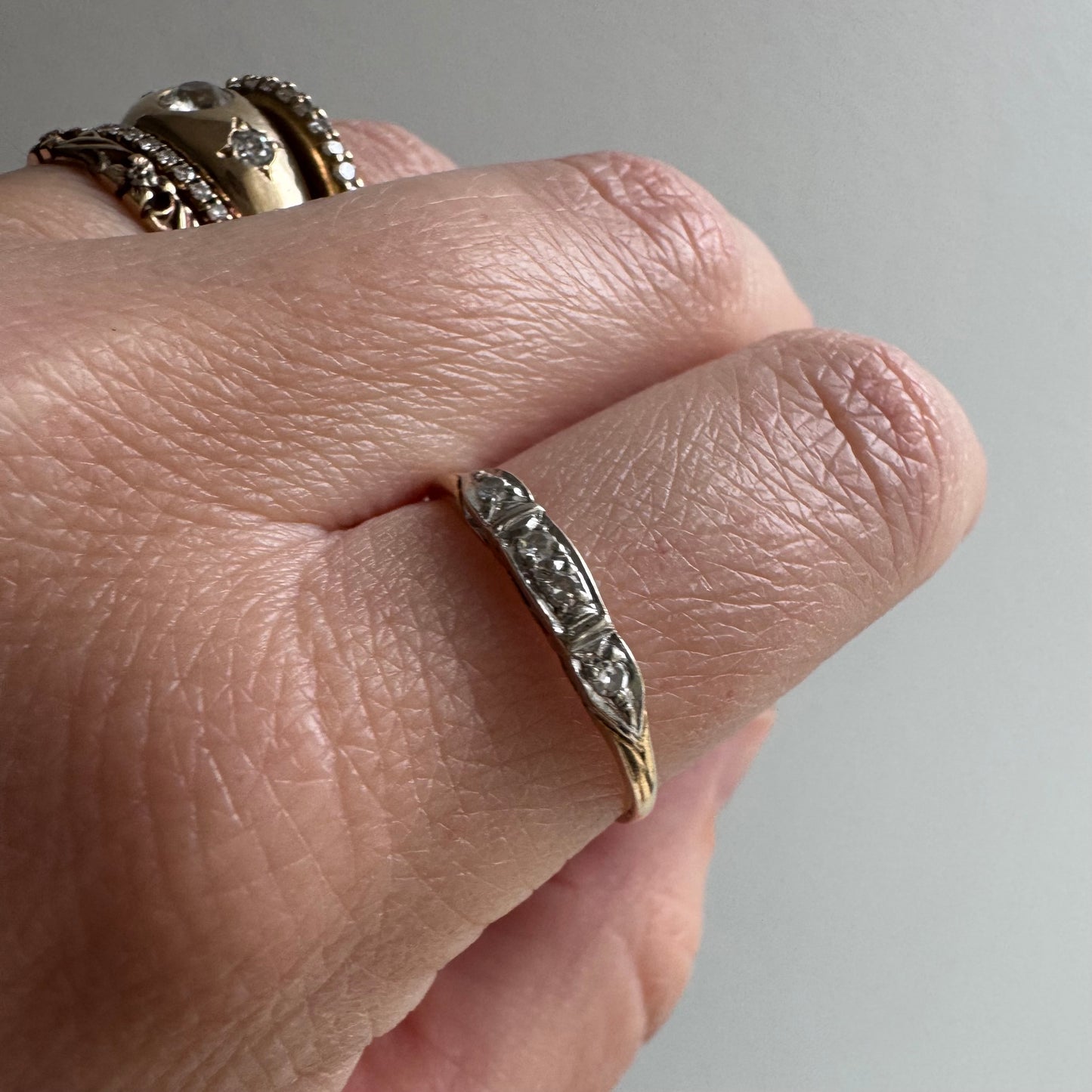 V I N T A G E // single cut glow / 14k yellow and white gold four stone diamond stacking band / size 8.75