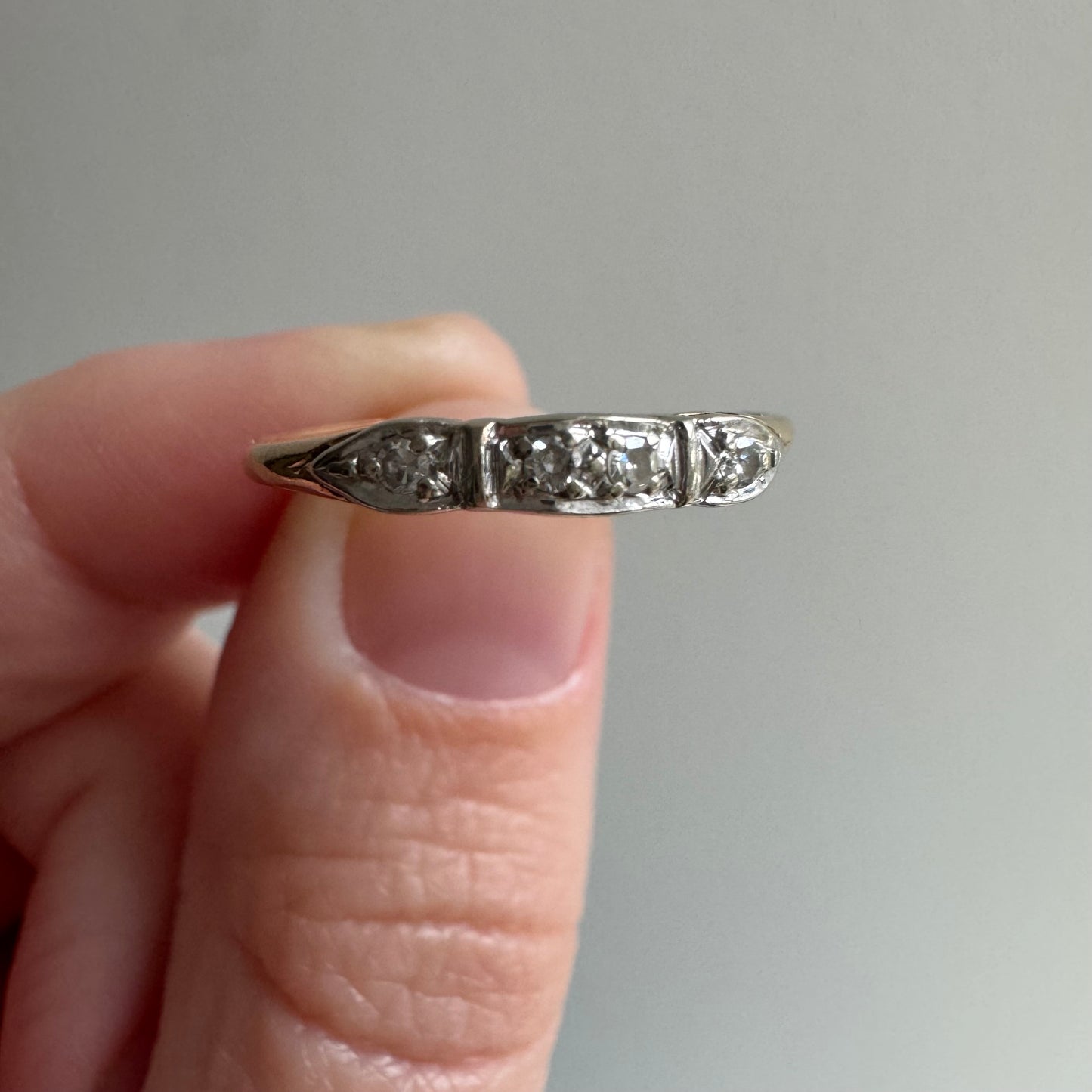 V I N T A G E // single cut glow / 14k yellow and white gold four stone diamond stacking band / size 8.75