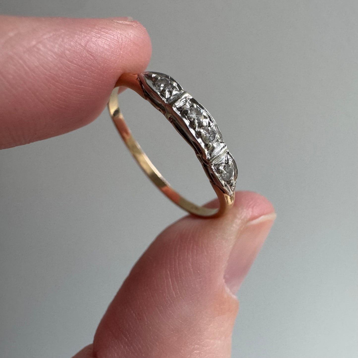 V I N T A G E // single cut glow / 14k yellow and white gold four stone diamond stacking band / size 8.75