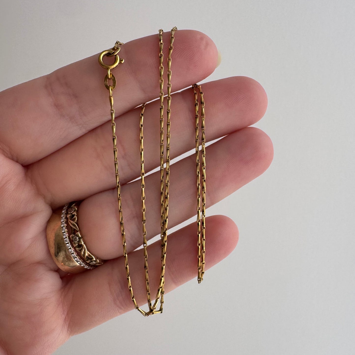 V I N T A G E // long links / 14k yellow gold dainty fetter bar link chain / 17.75", 2.2g