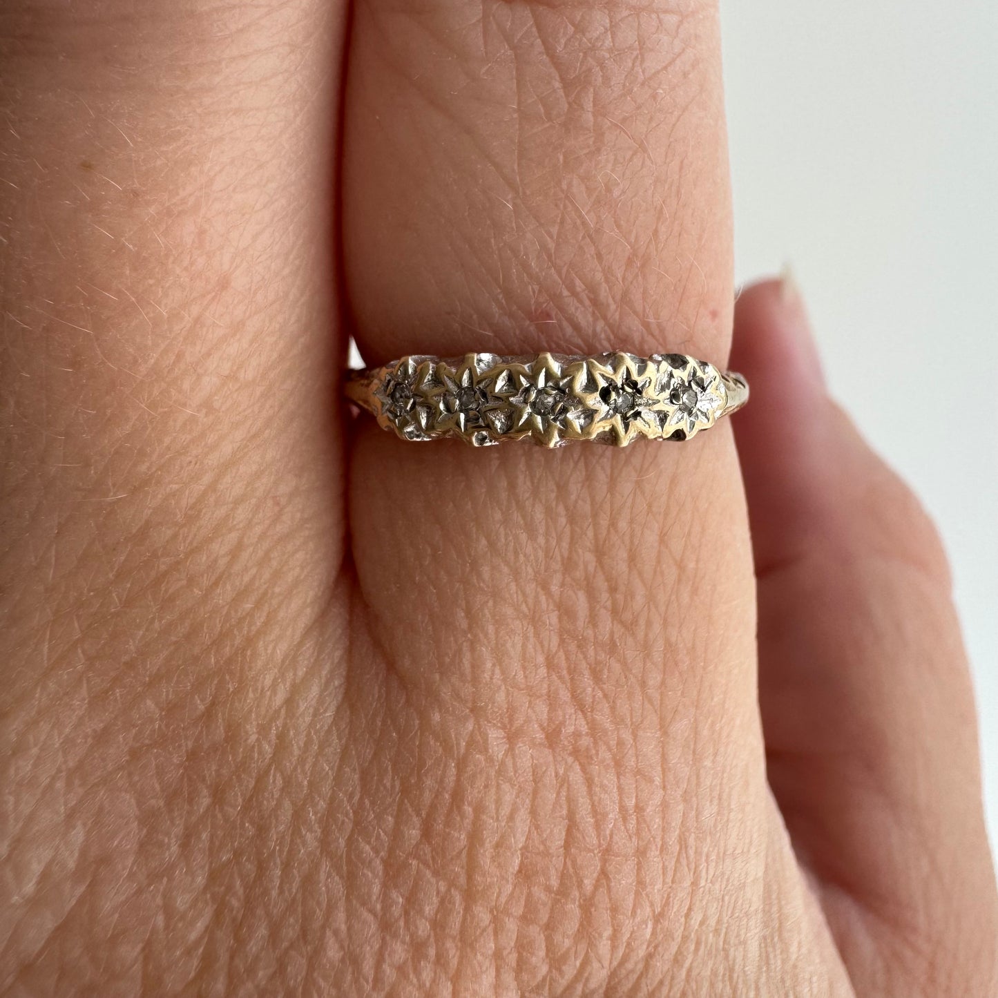 V I N T A G E // five stars / 9k and organic starburst diamond half eternity band / size 6+