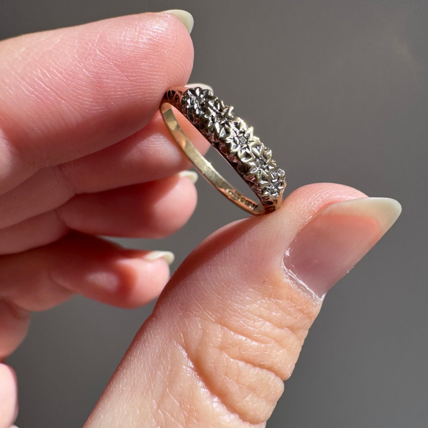 V I N T A G E // five stars / 9k and organic starburst diamond half eternity band / size 6+