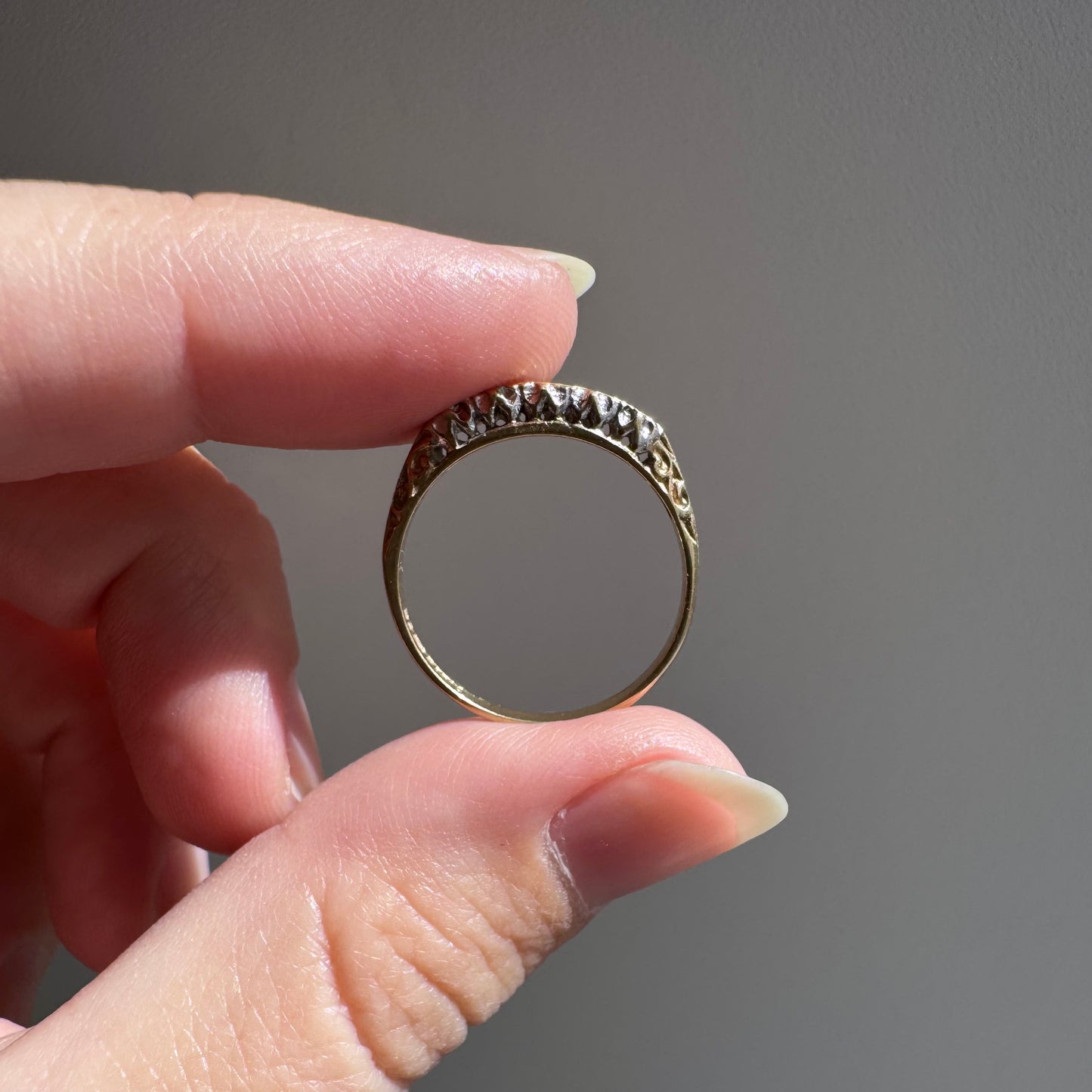 V I N T A G E // five stars / 9k and organic starburst diamond half eternity band / size 6+