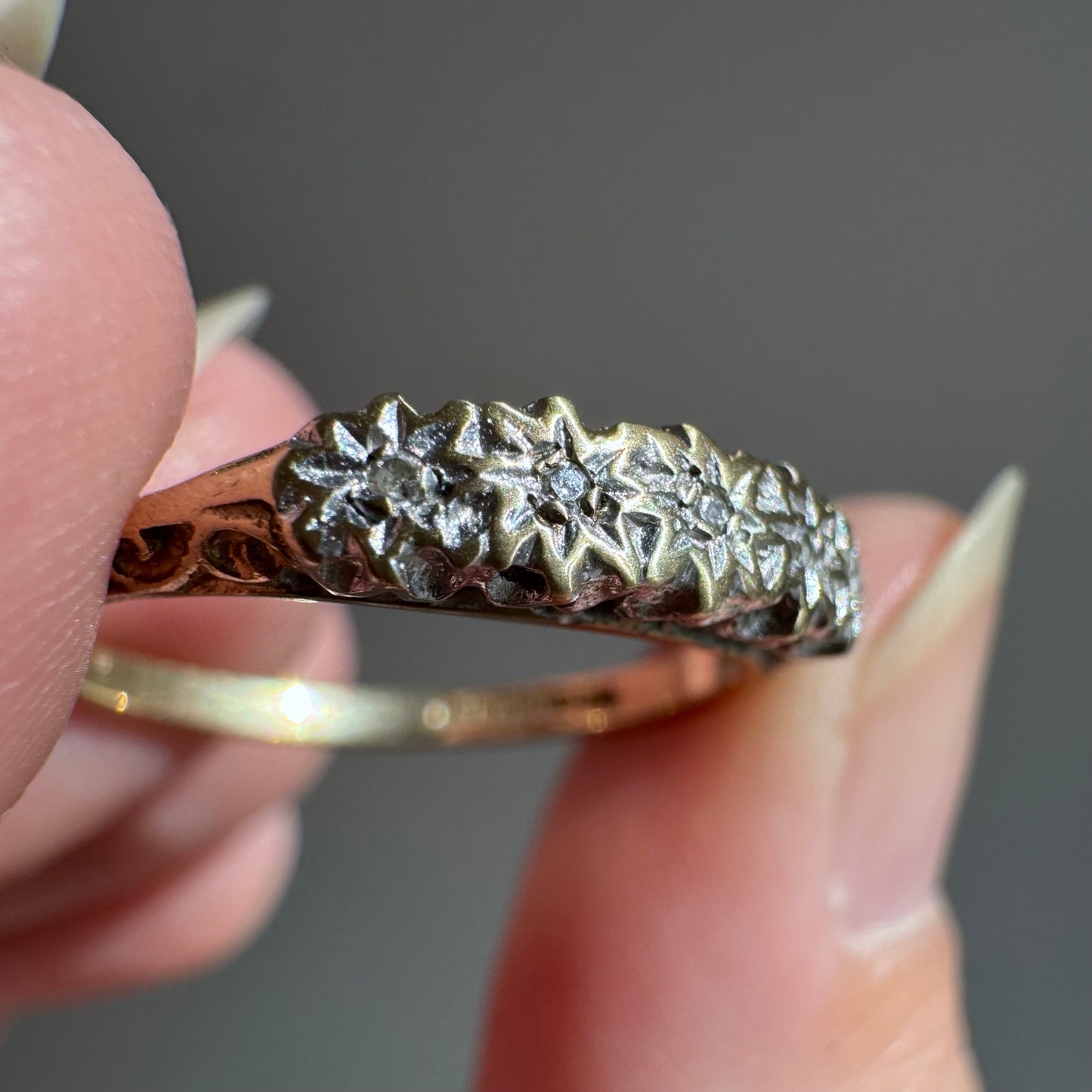 V I N T A G E // five stars / 9k and organic starburst diamond half eternity band / size 6+