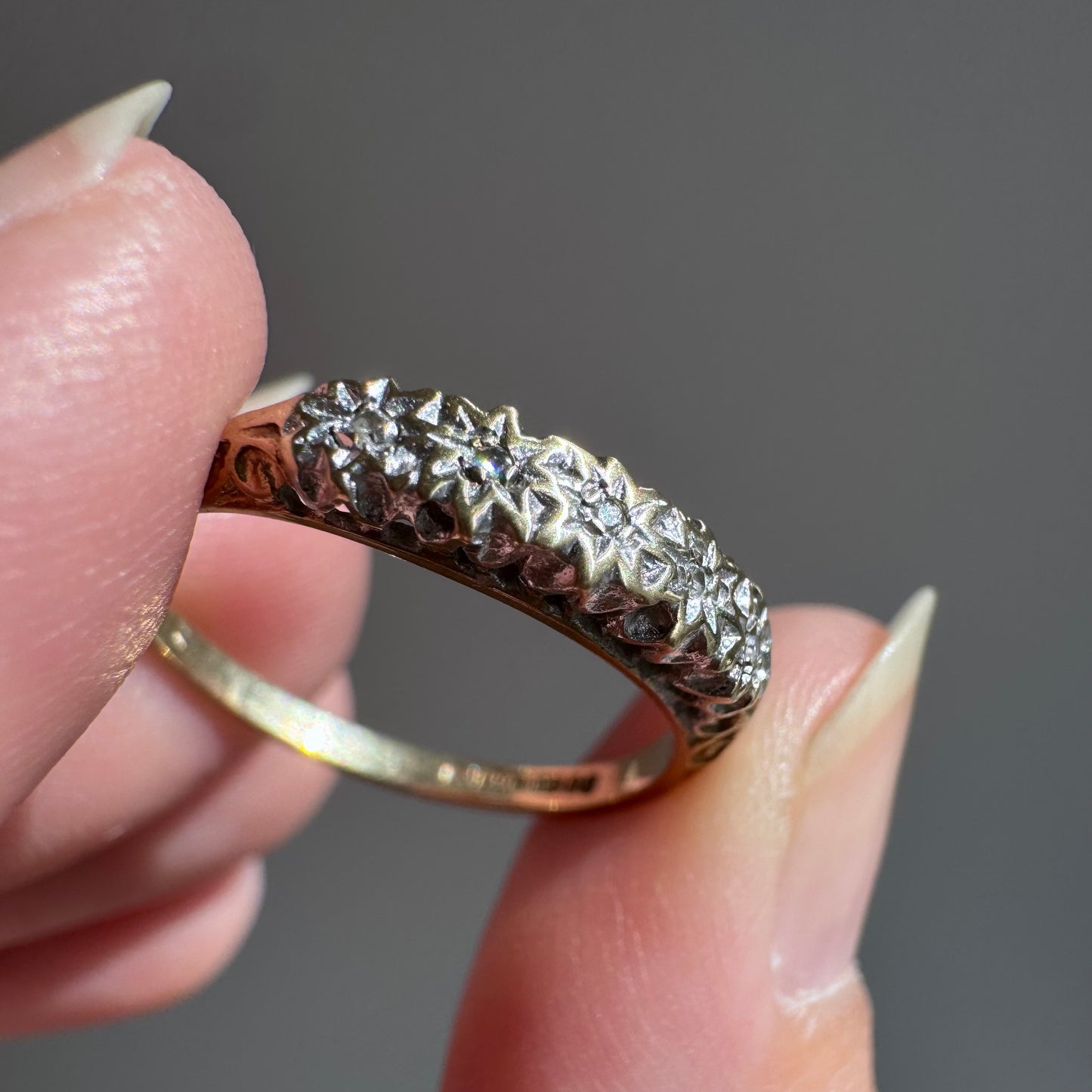 V I N T A G E // five stars / 9k and organic starburst diamond half eternity band / size 6+