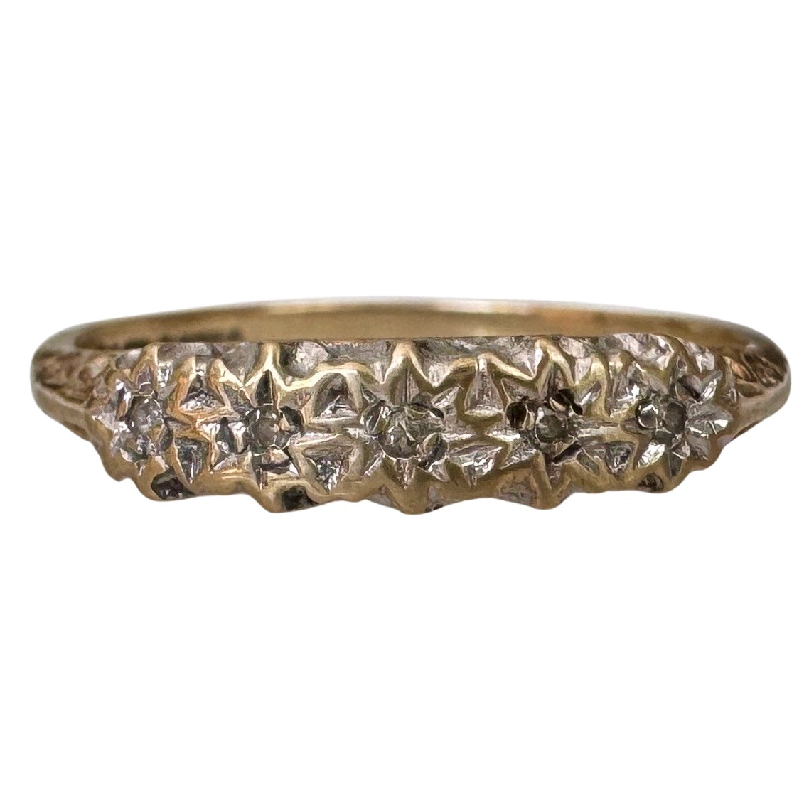 V I N T A G E // five stars / 9k and organic starburst diamond half eternity band / size 6+