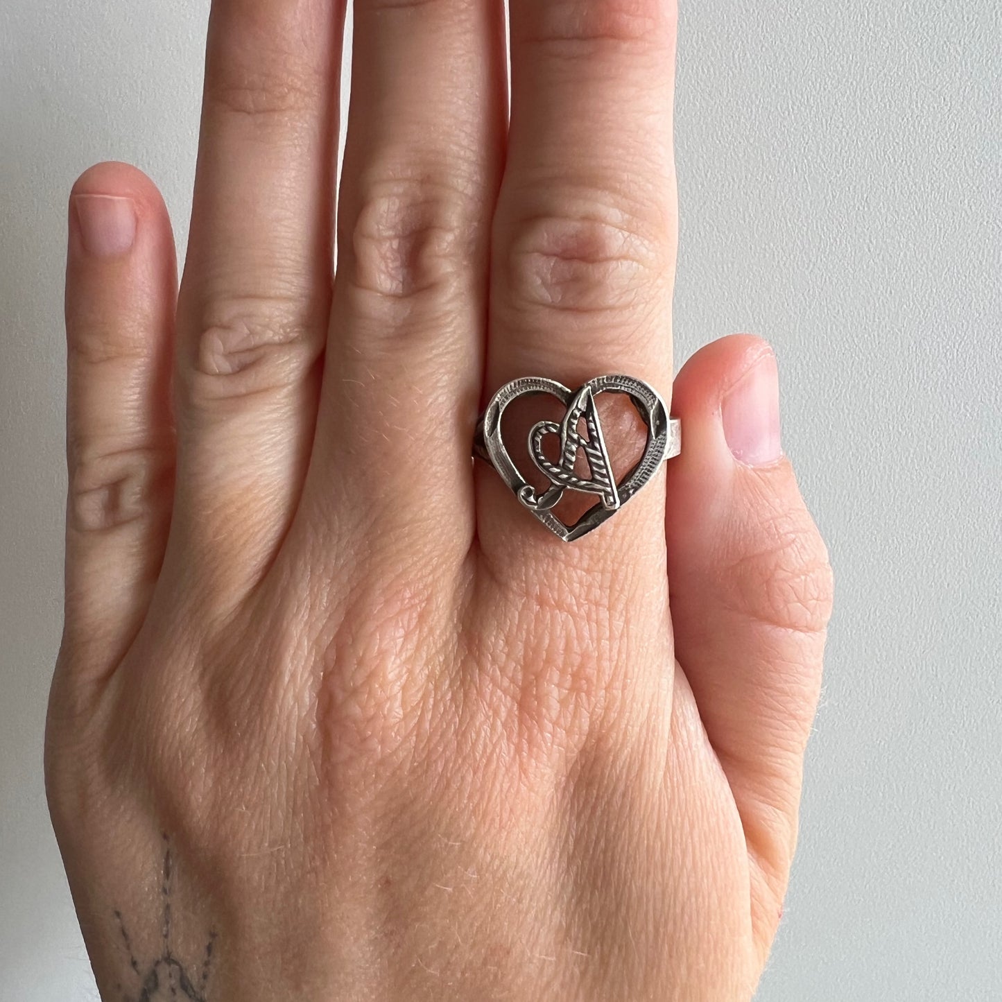 V I N T A G E // heart locked A / sterling silver initial and heart ring / letter A / size 9.25+