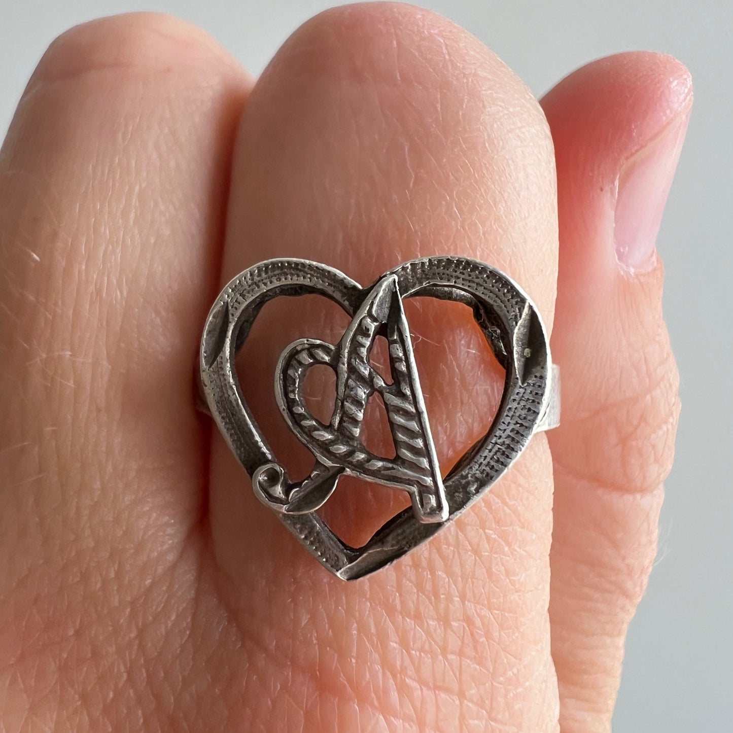 V I N T A G E // heart locked A / sterling silver initial and heart ring / letter A / size 9.25+