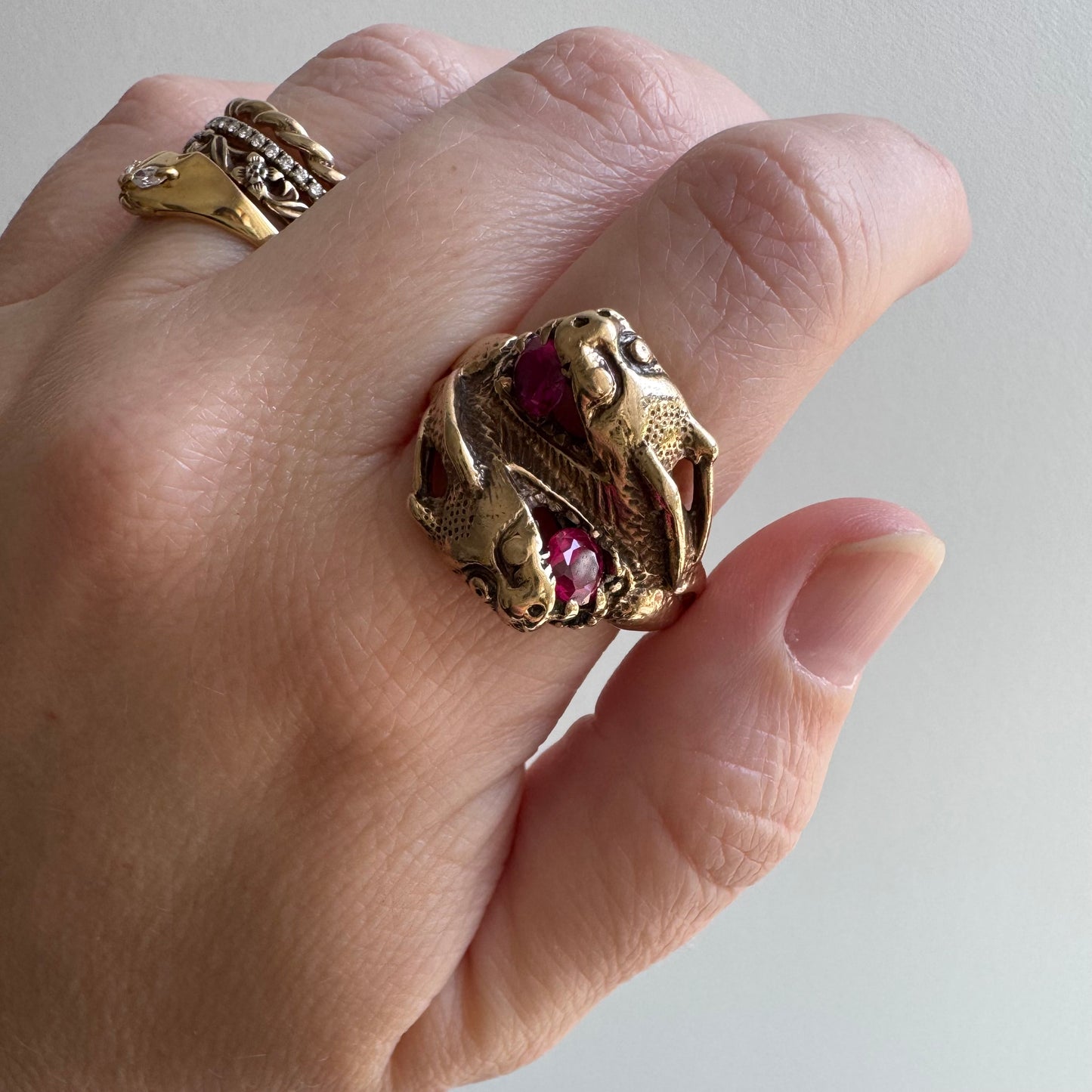 V I N T A G E // double dragon / 10k yellow gold dragon bypass ring with synthetic rubies / size 10.75
