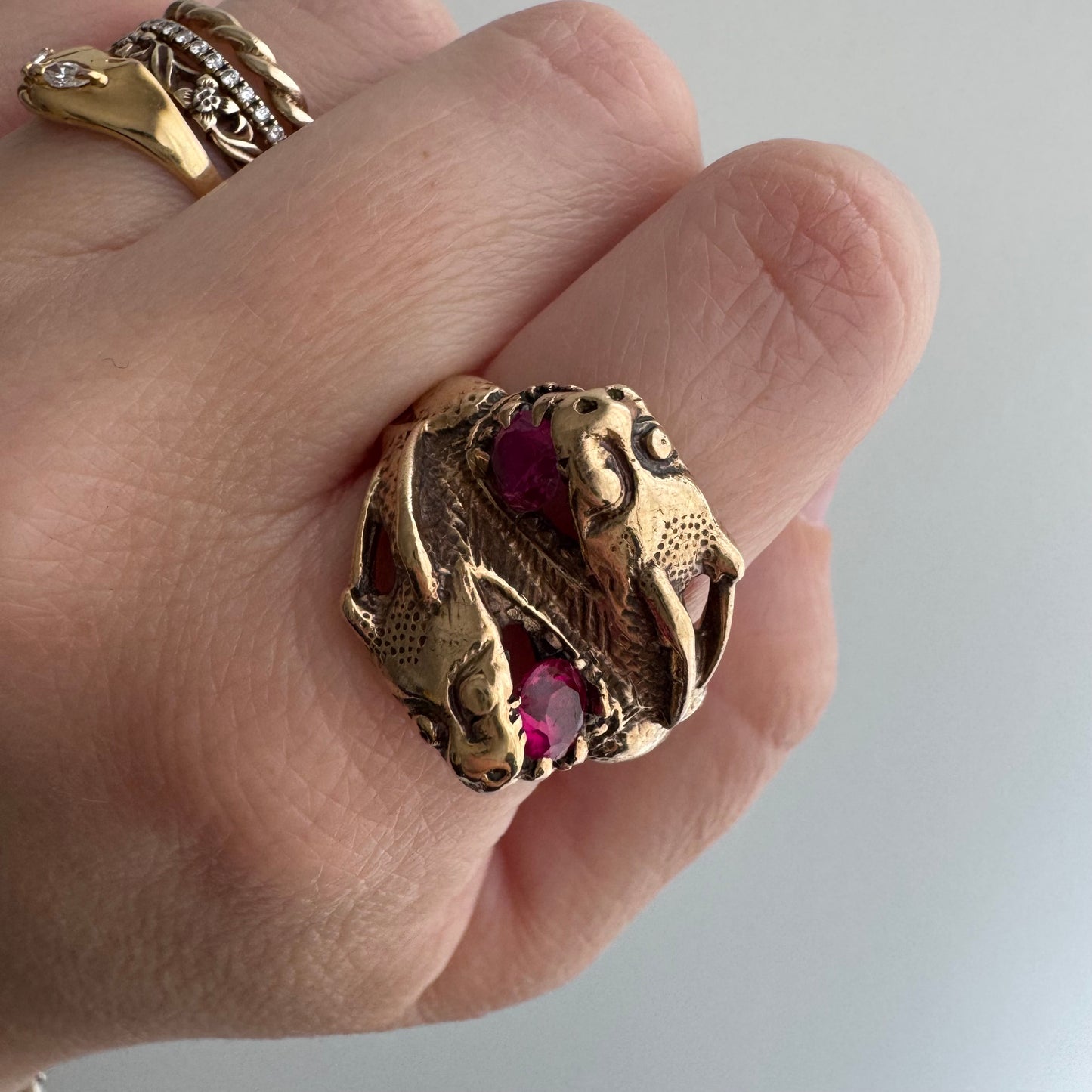 V I N T A G E // double dragon / 10k yellow gold dragon bypass ring with synthetic rubies / size 10.75
