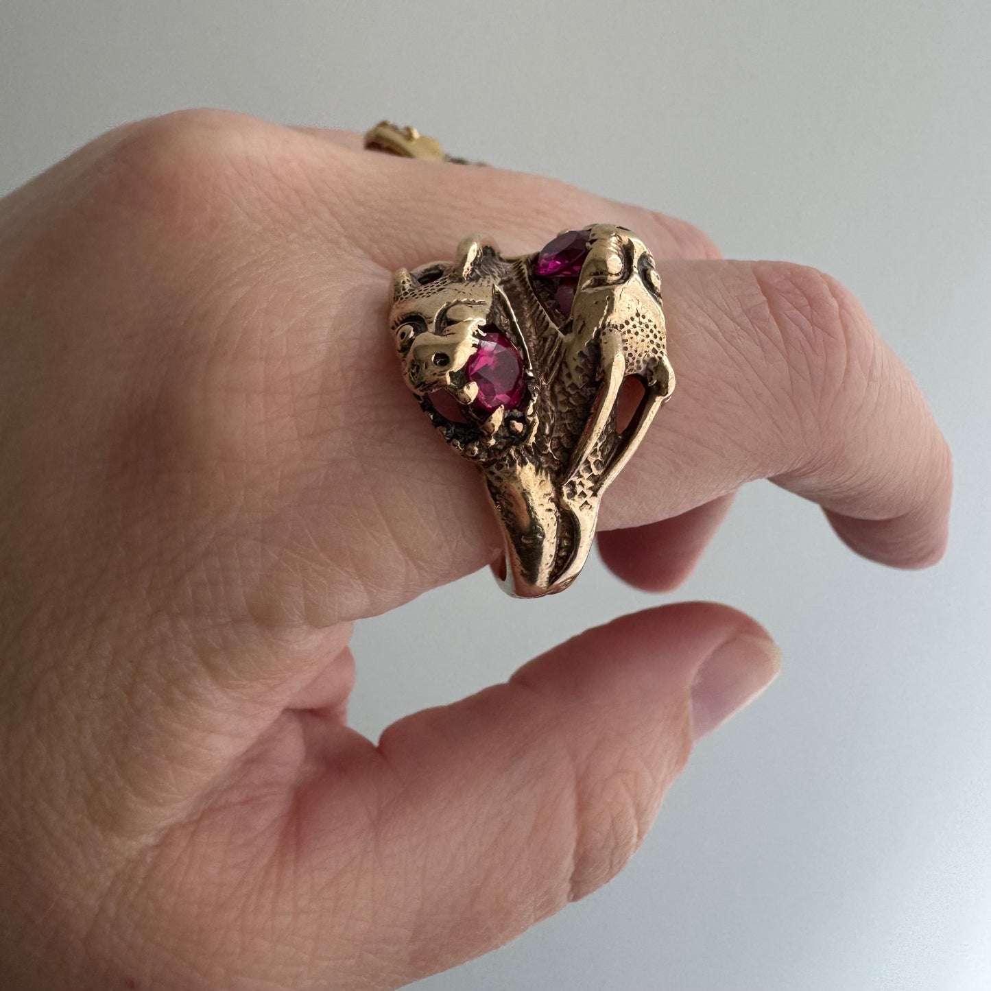 V I N T A G E // double dragon / 10k yellow gold dragon bypass ring with synthetic rubies / size 10.75