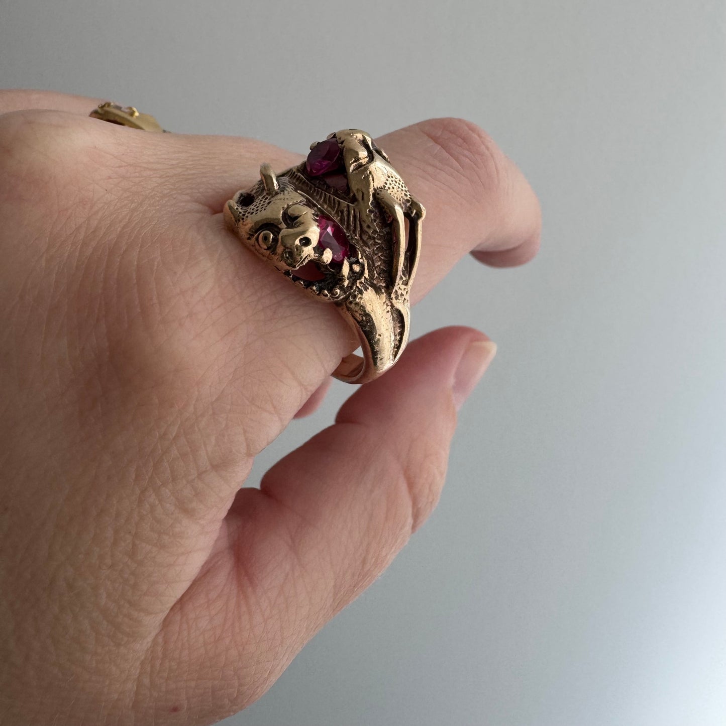 V I N T A G E // double dragon / 10k yellow gold dragon bypass ring with synthetic rubies / size 10.75