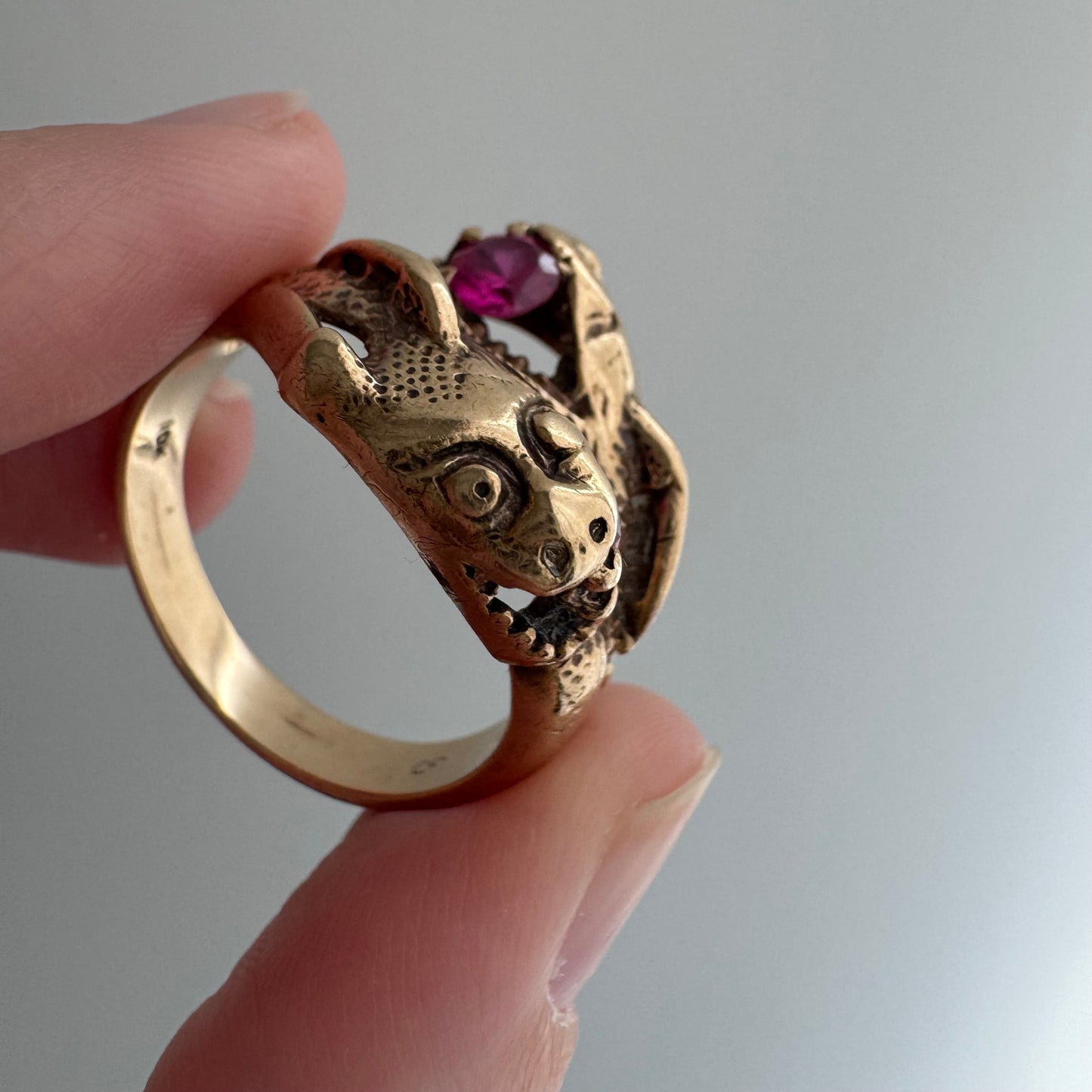 V I N T A G E // double dragon / 10k yellow gold dragon bypass ring with synthetic rubies / size 10.75