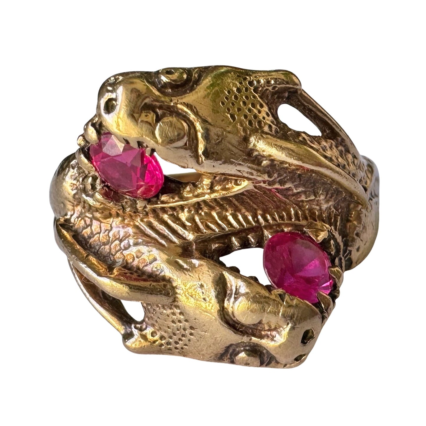 V I N T A G E // double dragon / 10k yellow gold dragon bypass ring with synthetic rubies / size 10.75