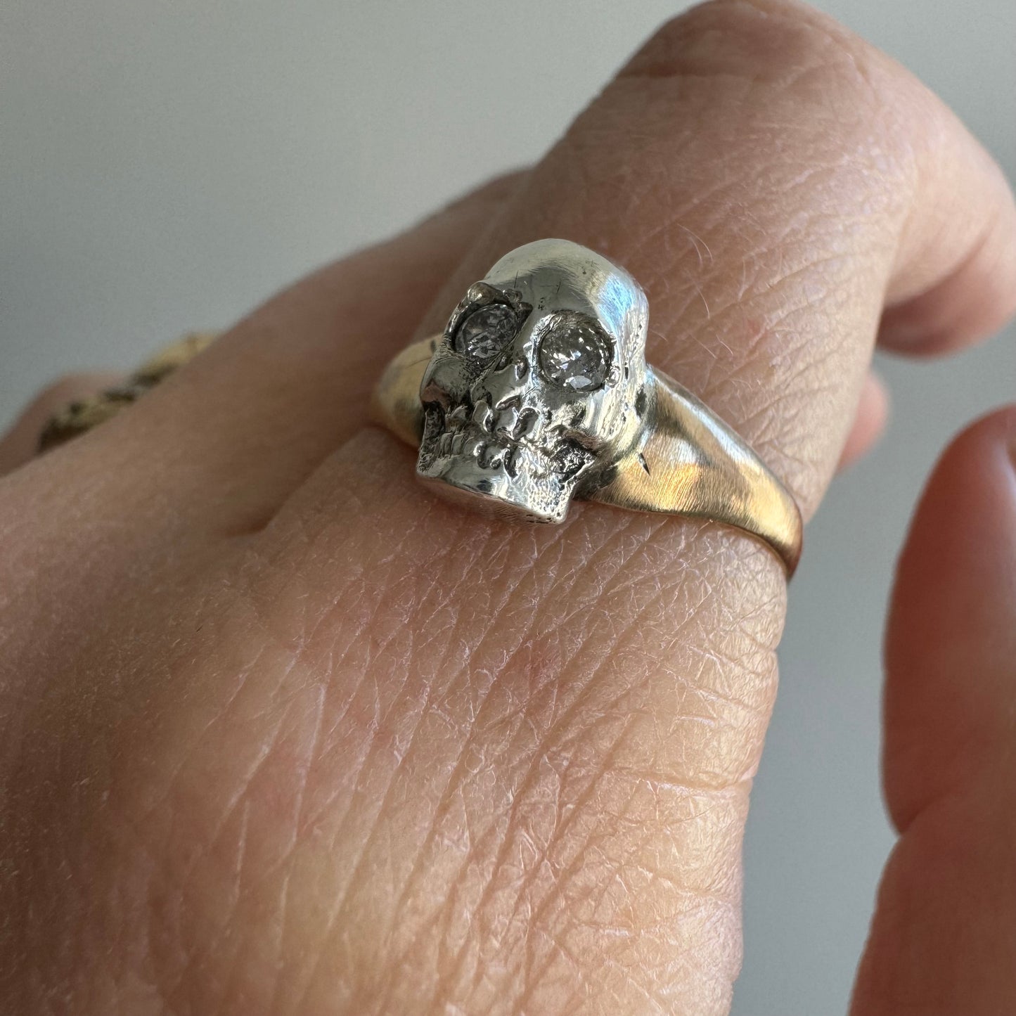 reimagined V I N T A G E // bicolor Memento Mori / 9ct and sterling silver signet ring with diamonds / a skull ring / size 7 to 7.25
