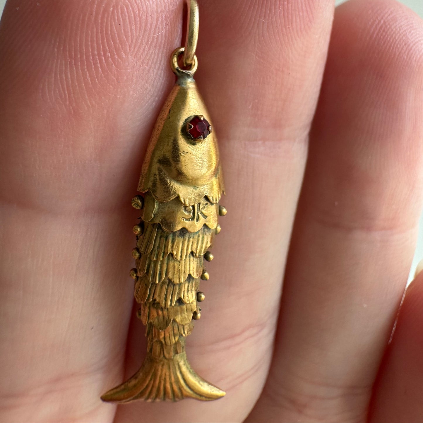V I N T A G E // a lucky catch / 9k yellow gold and red glass articulated wiggle fish / a pendant