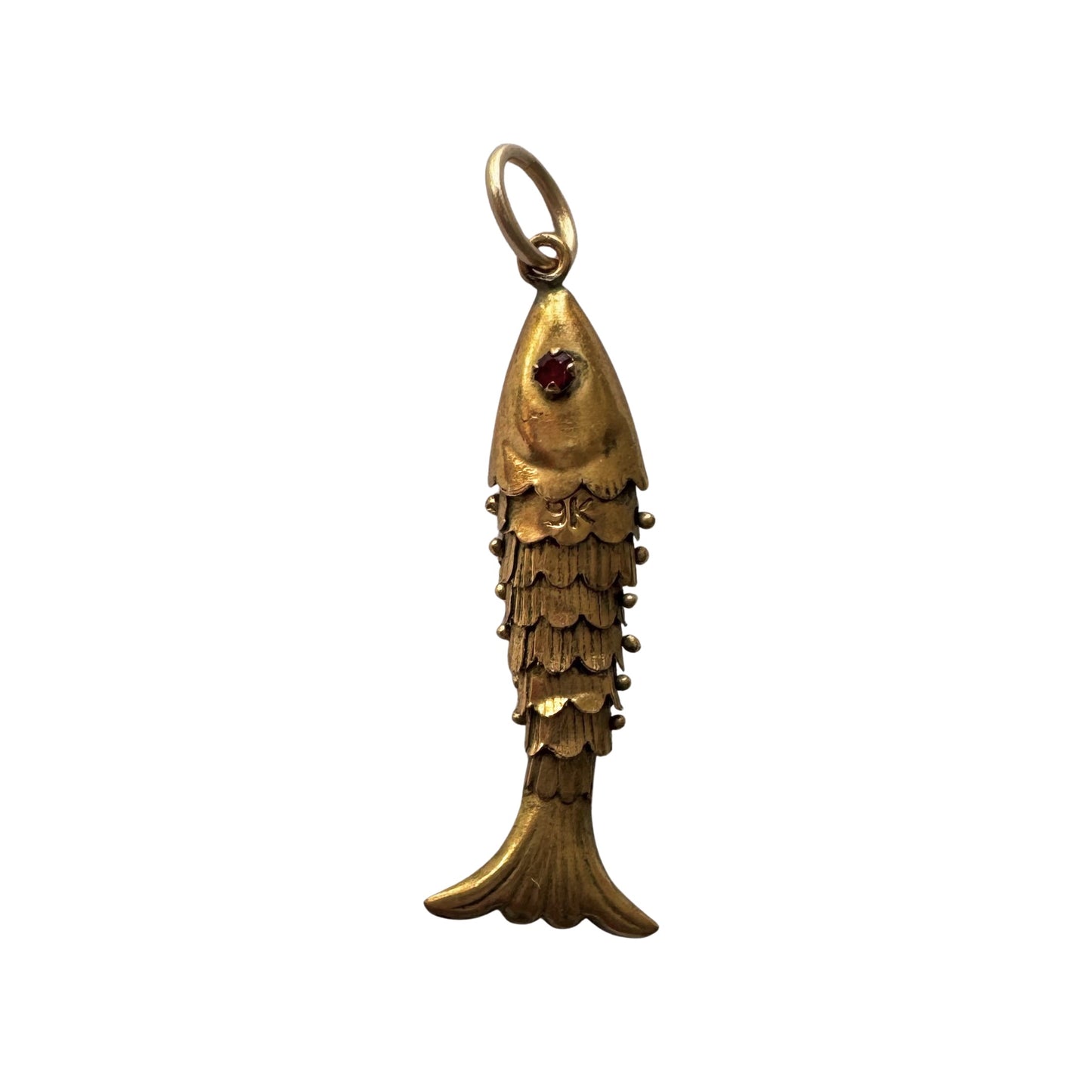 V I N T A G E // a lucky catch / 9k yellow gold and red glass articulated wiggle fish / a pendant